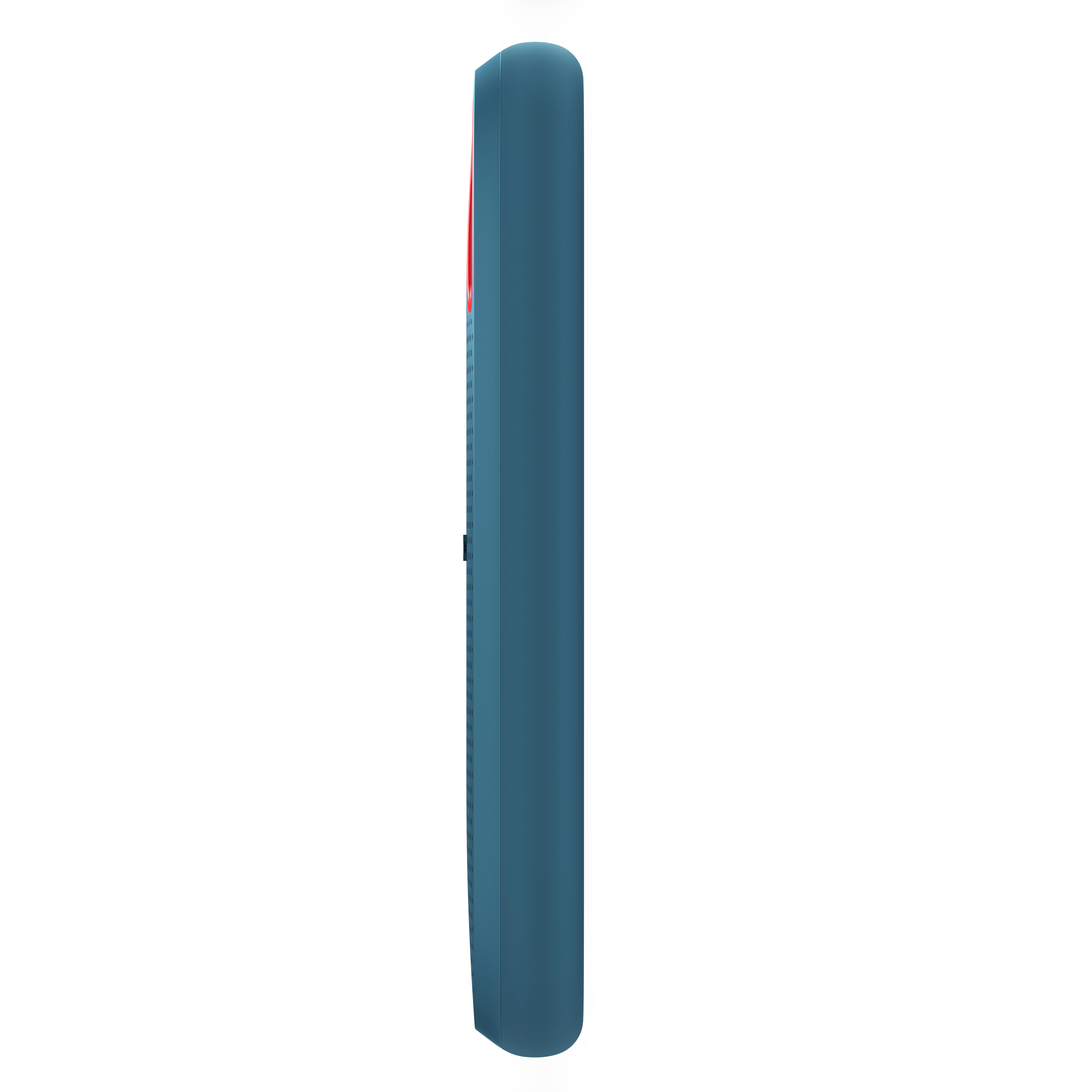 Seitenansicht eines blauen Smartphones mit abgerundeten Ecken und einer roten Einbuchtung oben.