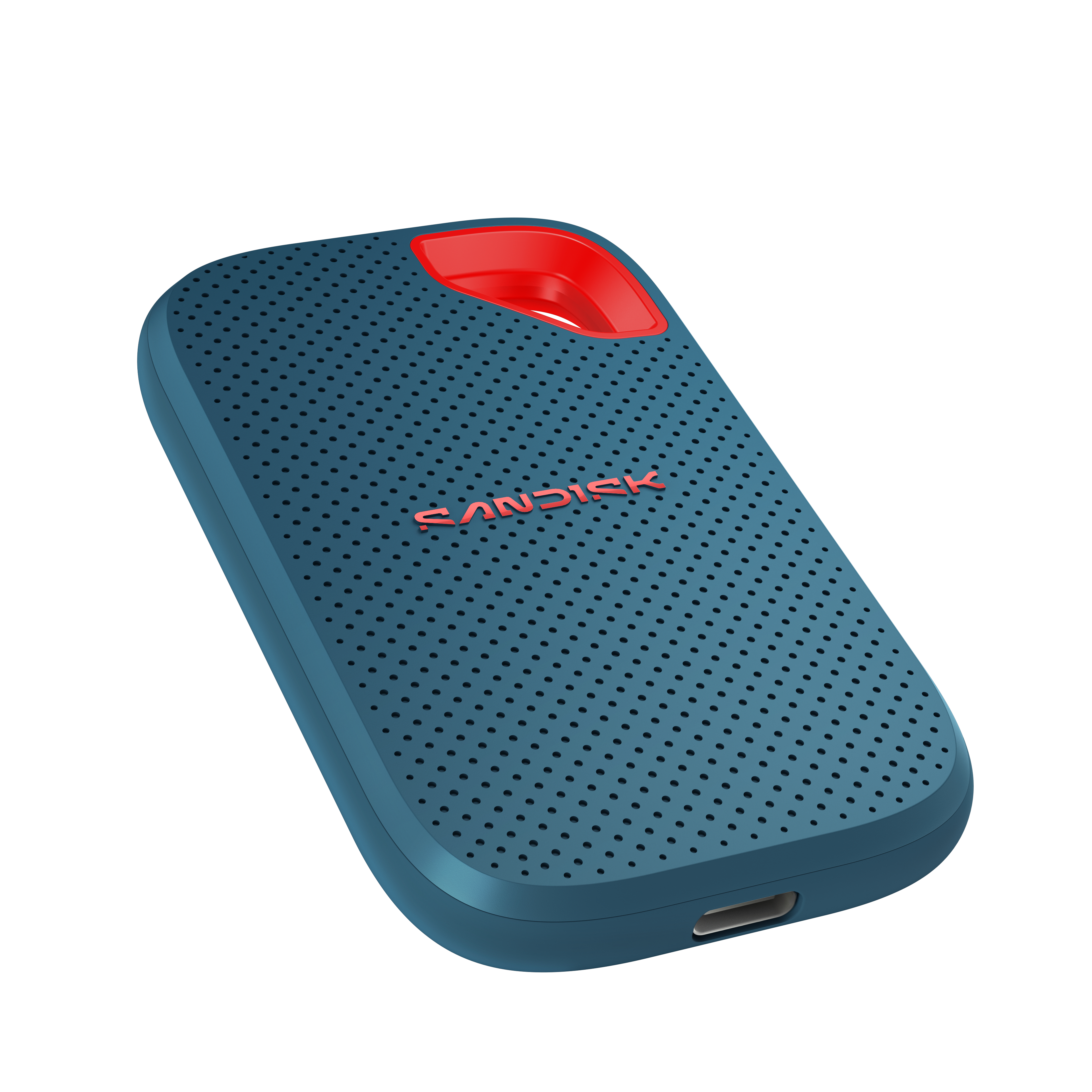 Blaue SanDisk SSD mit rotem Akzent, Loch oben und USB-Anschluss unten.