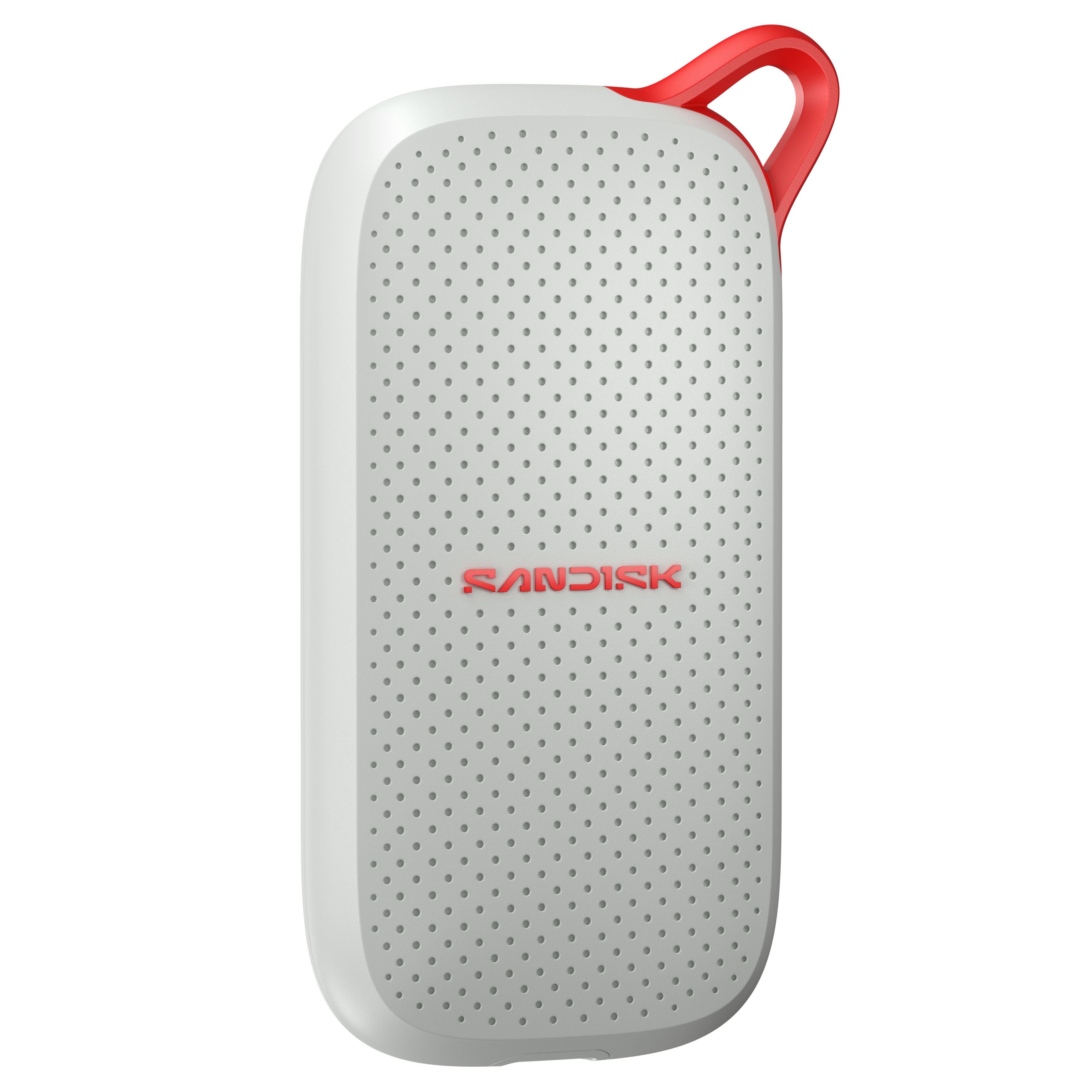 Eine graue Sandisk SSD mit perforierter Oberfläche und einer roten Halteschlaufe oben auf weißem Hintergrund.