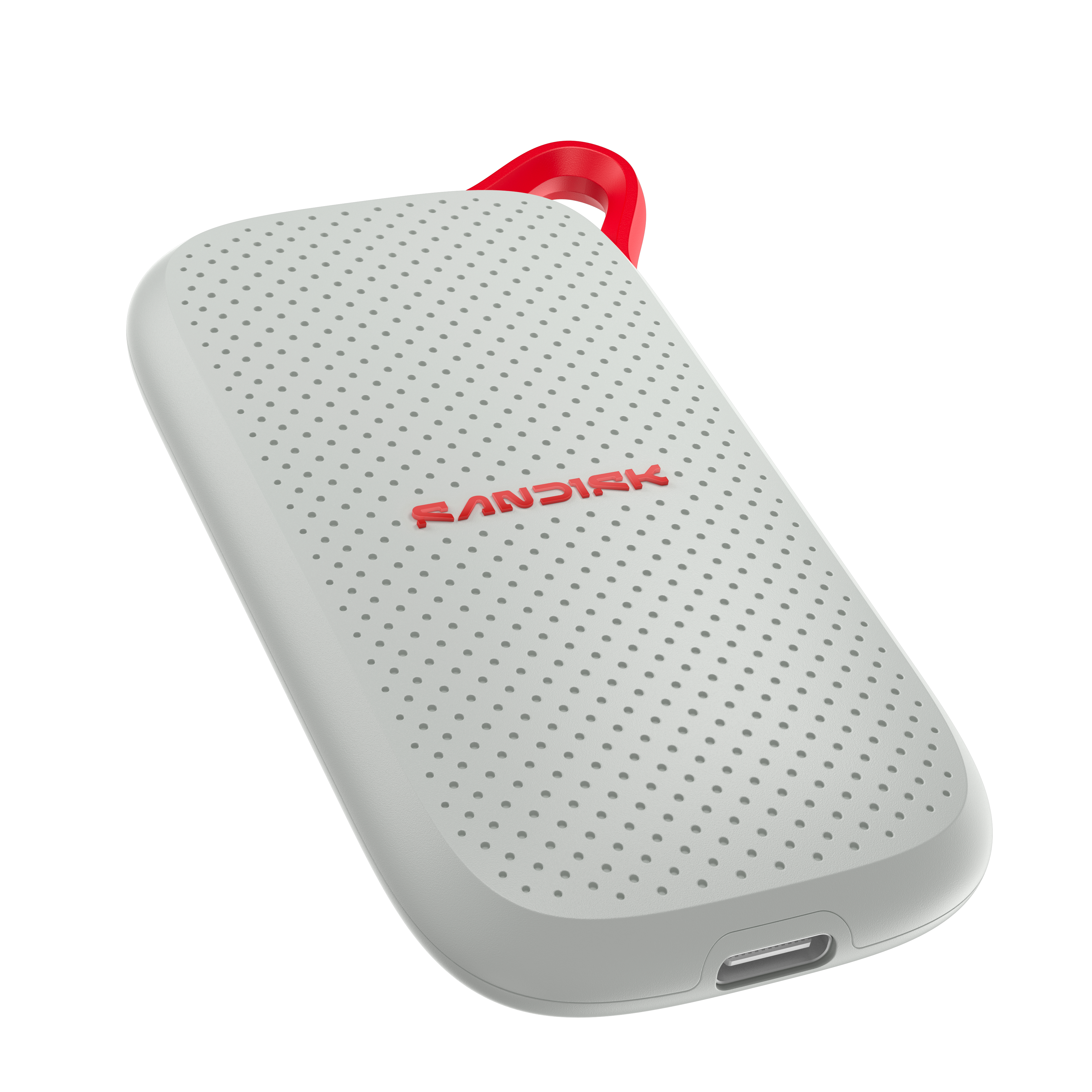 Graue SanDisk SSD mit roter Lasche und USB-C-Anschluss auf weißem Grund.