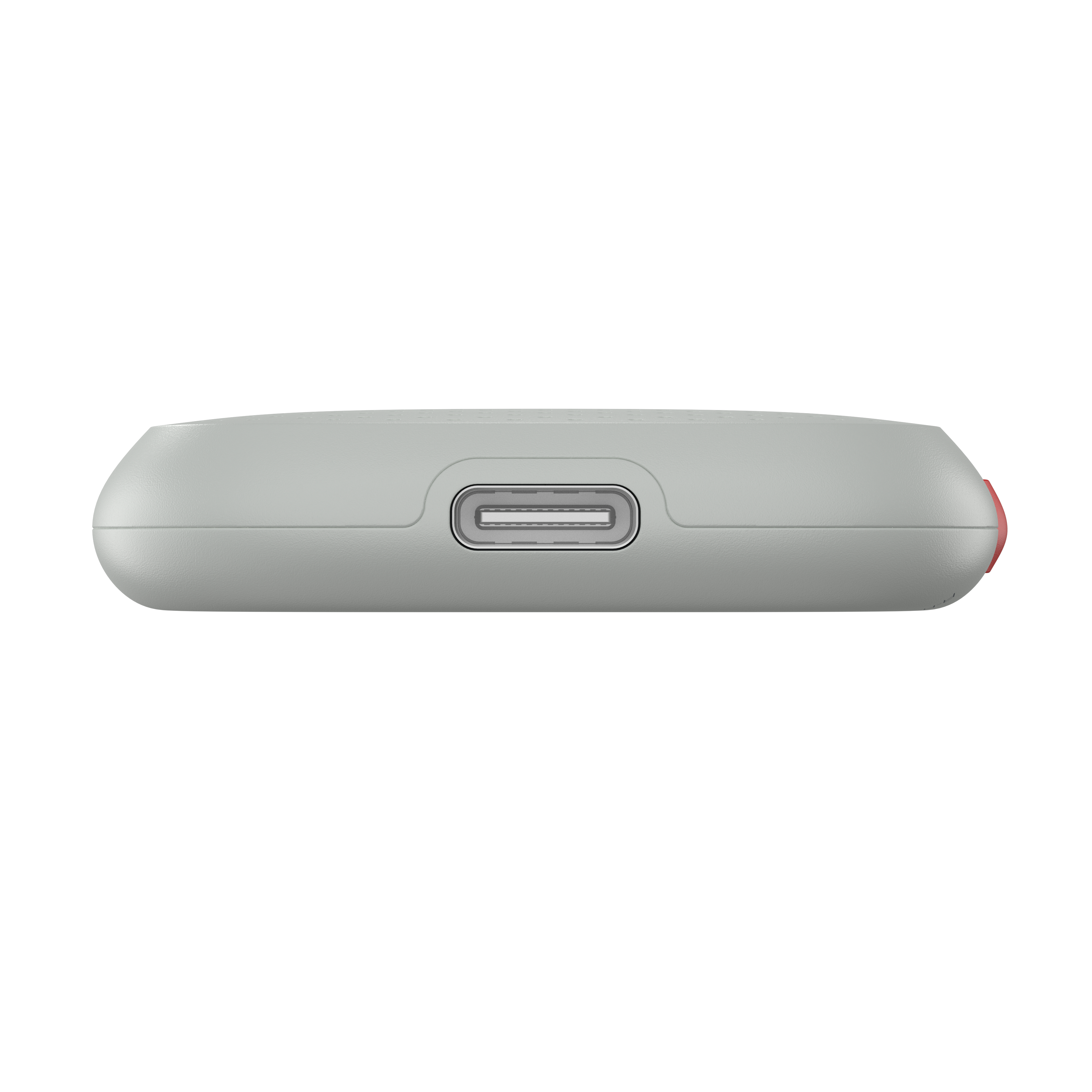 Nahaufnahme eines grauen elektronischen Geräts mit einem zentralen USB-C-Anschluss vor weißem Hintergrund.