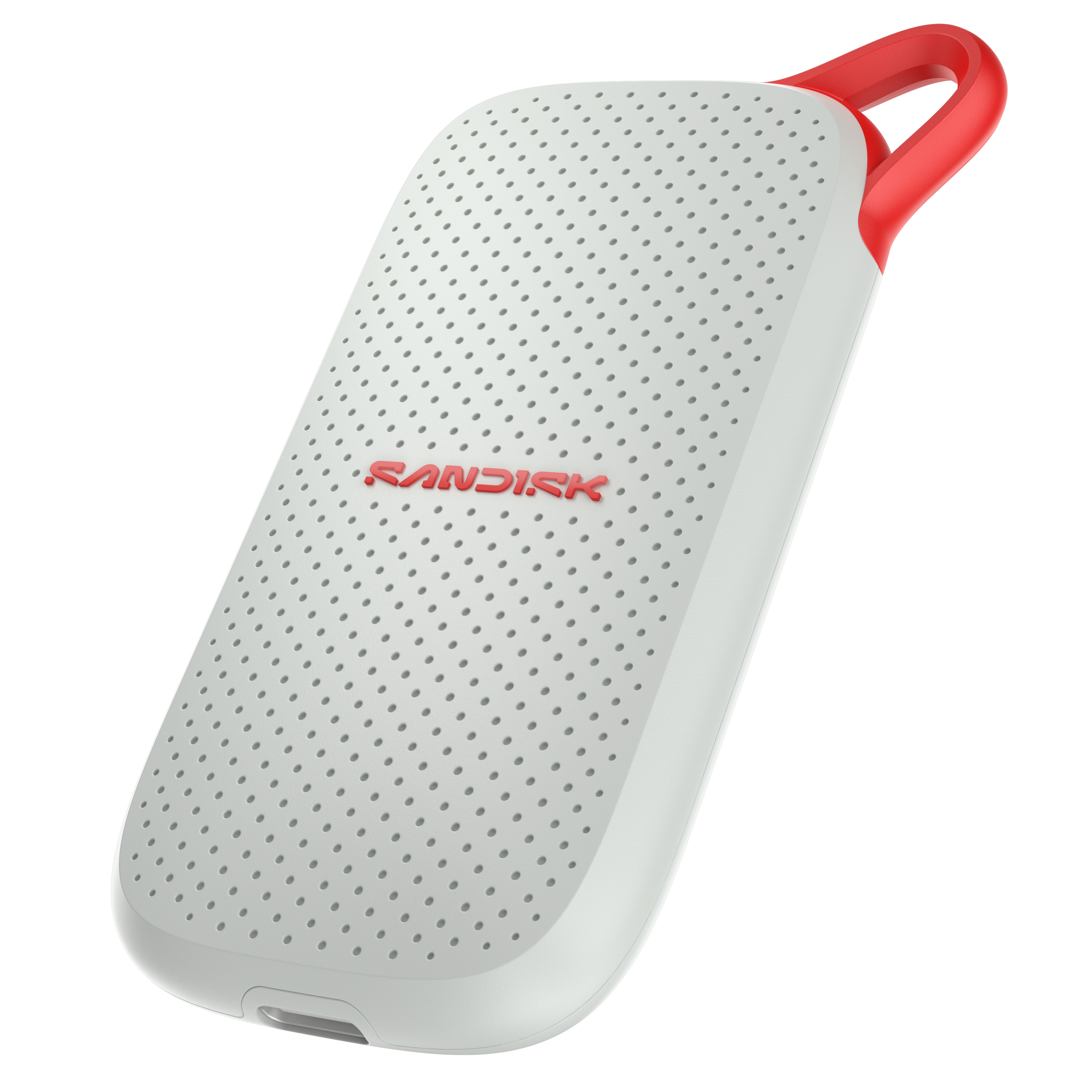 Weiße tragbare SanDisk-SSD mit rotem Branding und Aufhängeschlaufe auf weißem Hintergrund.