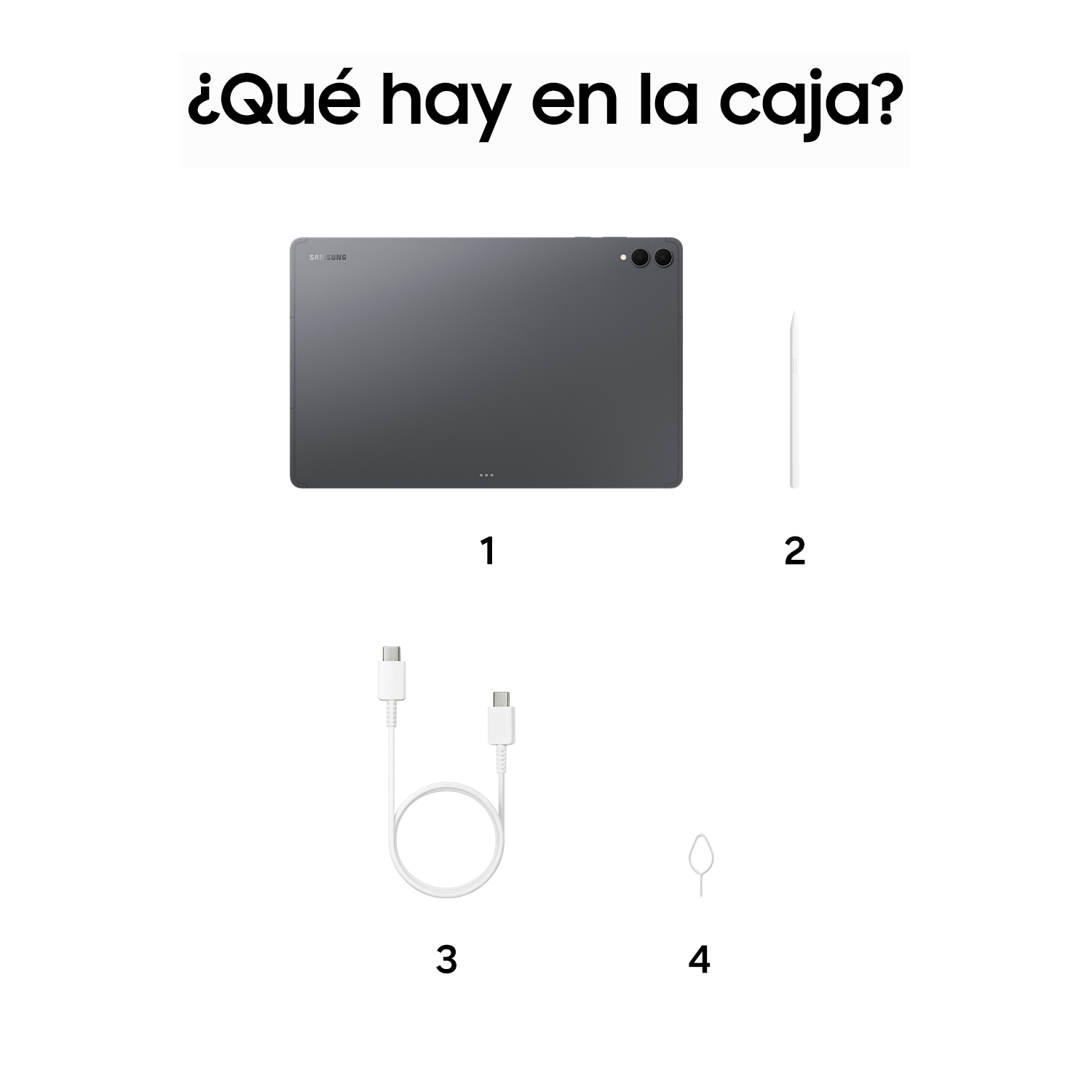 Una imagen con la pregunta ¿Qué hay en la caja? mostrando una tableta gris, un lápiz óptico, un cable USB-C y una herramienta SIM.