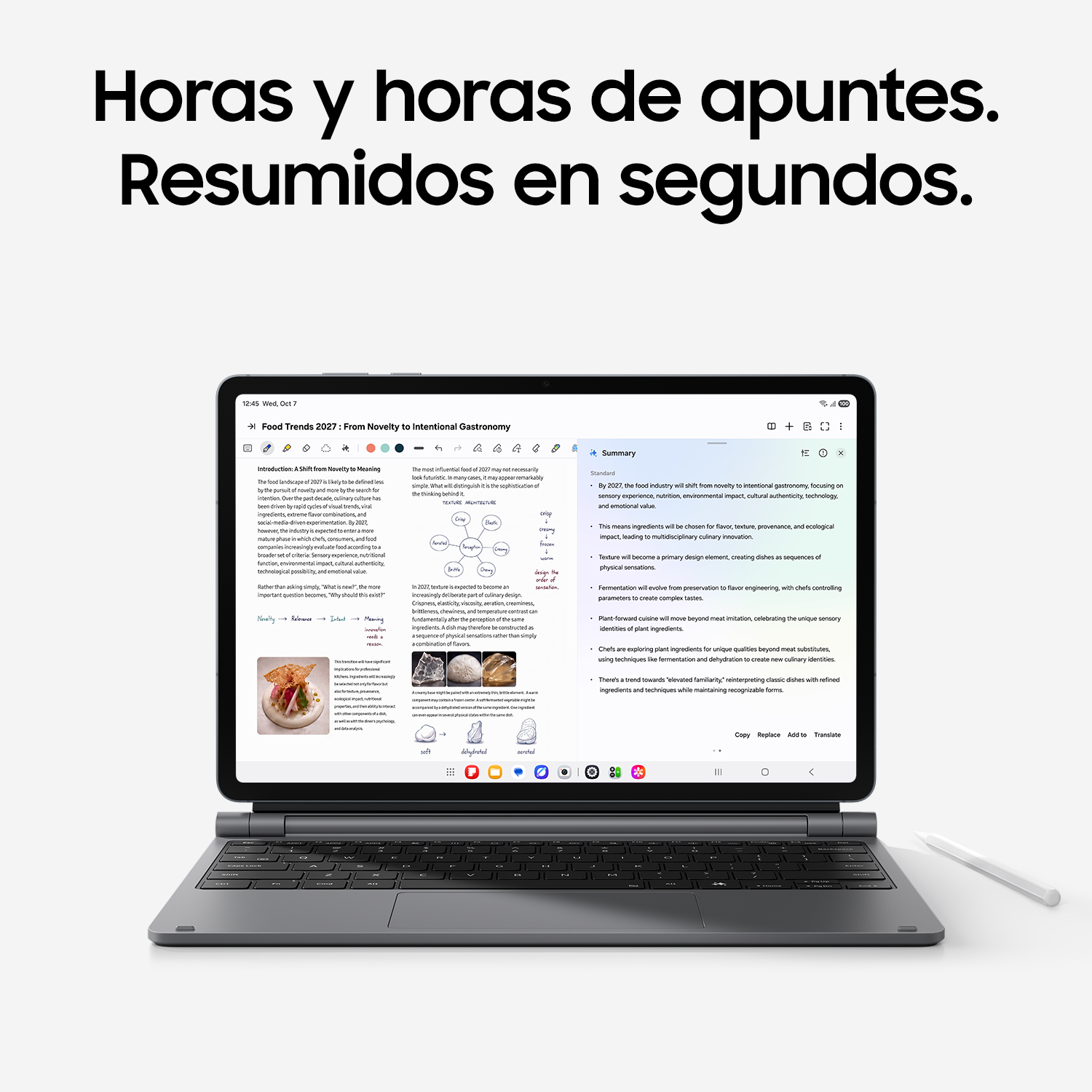 Una tablet en funda con teclado muestra notas y un resumen de IA, con texto en español arriba.