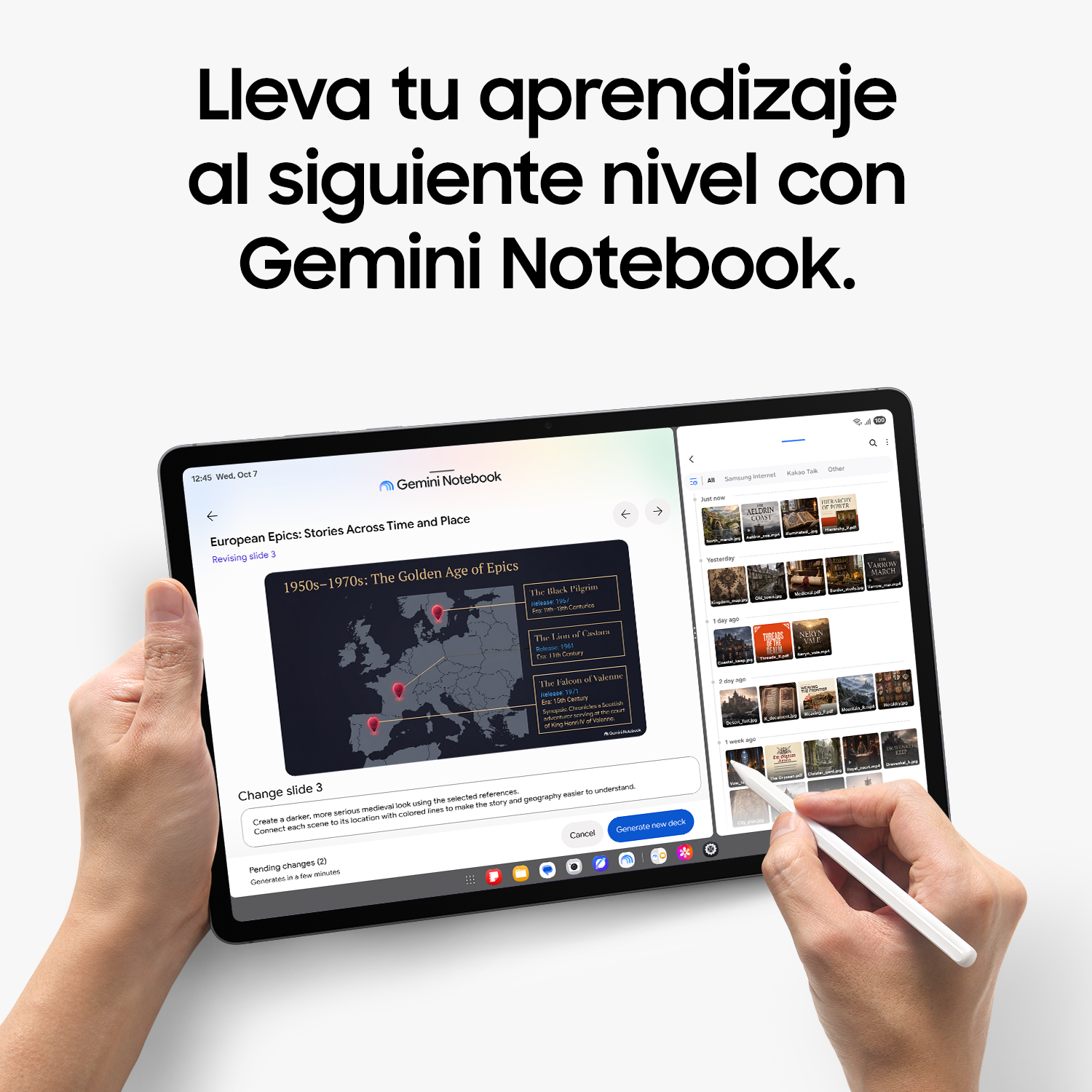 Una tableta muestra la app Gemini Notebook con un mapa de Europa y pines rojos, sostenida por manos con un lápiz óptico.