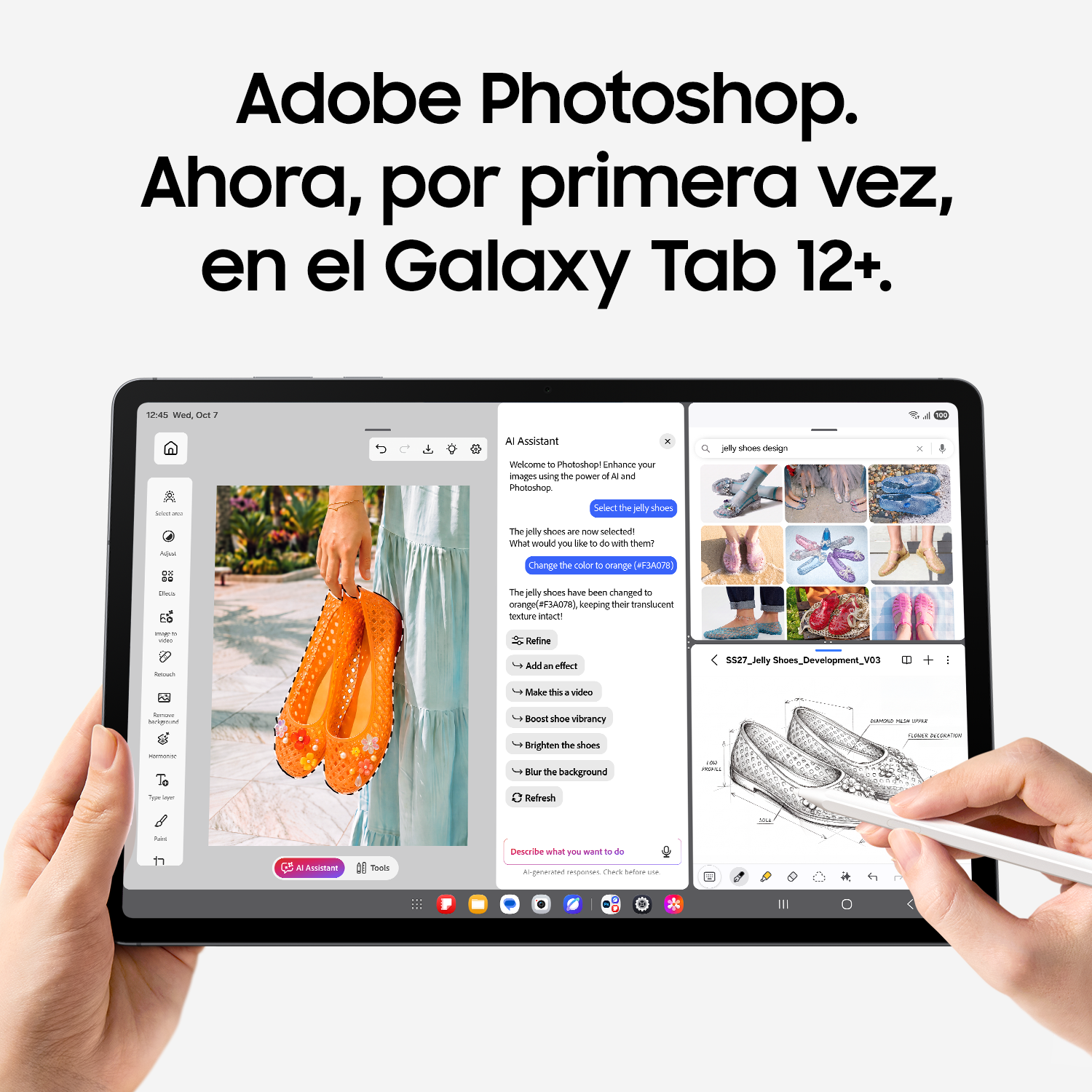 Adobe Photoshop en un Galaxy Tab S9+, operado con un lápiz óptico, mostrando edición de imágenes y bocetos.