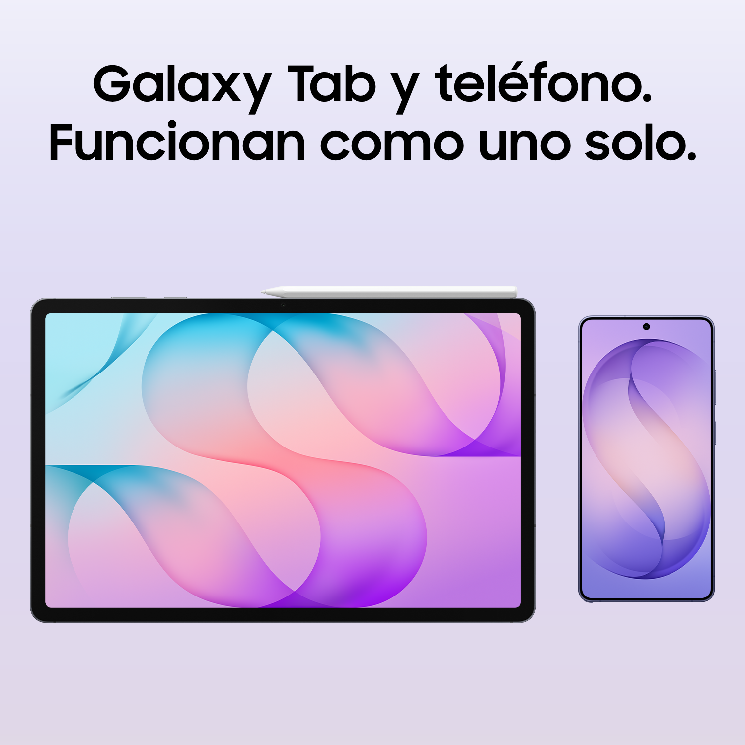 Tableta y teléfono Galaxy con fondos de pantalla coloridos sobre un fondo morado claro.