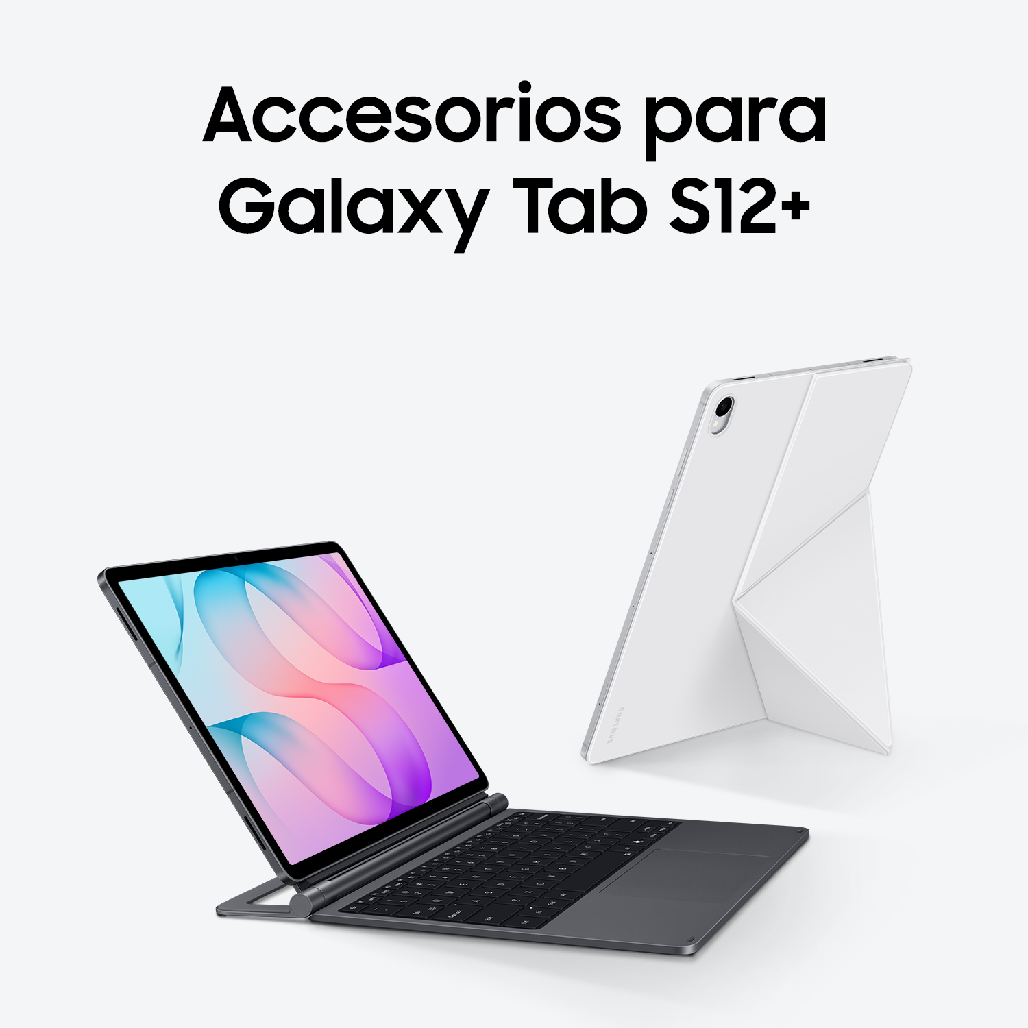 Dos tablets Galaxy Tab S12+ en fondo blanco con accesorios, una con teclado y otra apoyada en una funda.