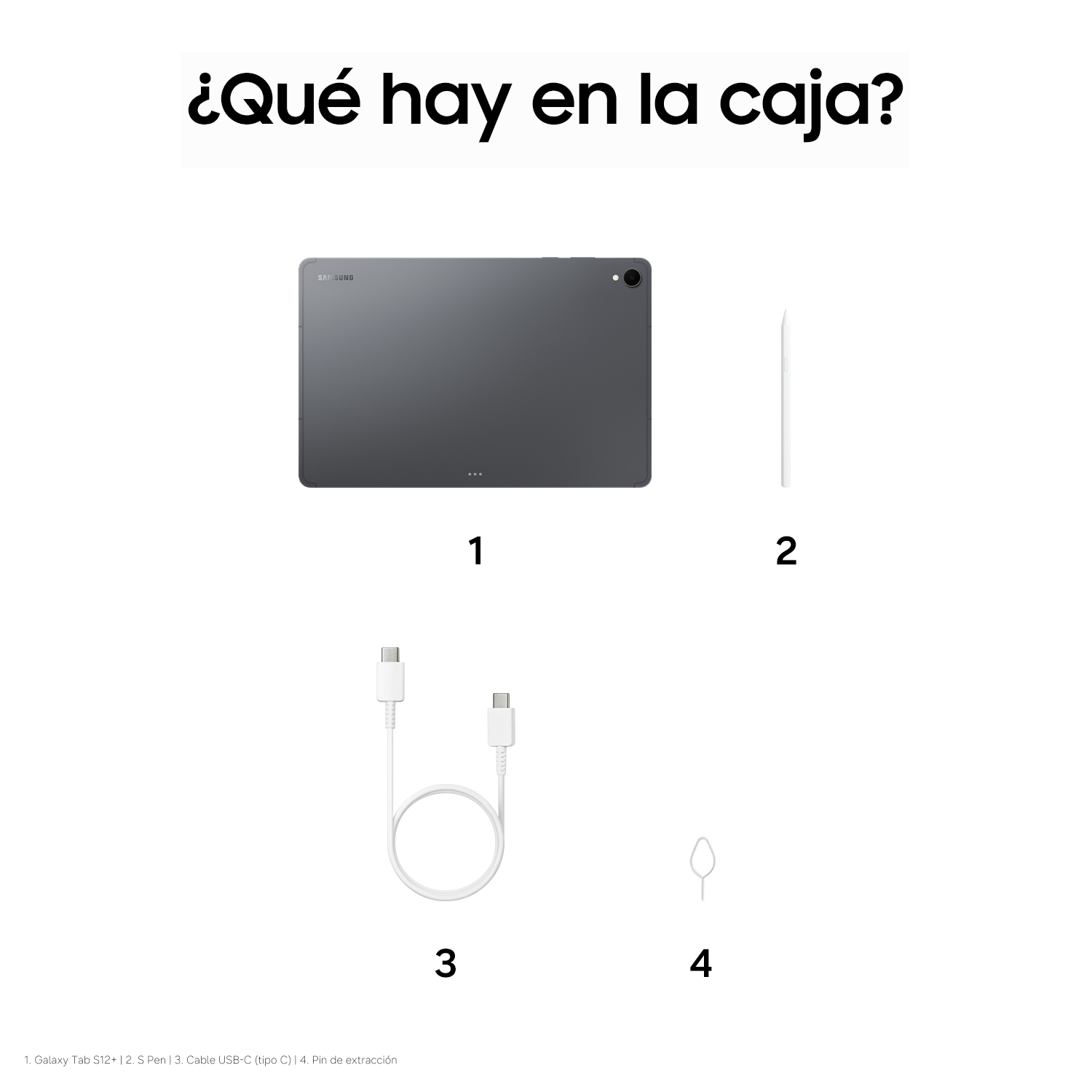 Diagrama con el contenido de la caja de una tablet: tablet, lápiz, cable USB-C y pin de extracción.