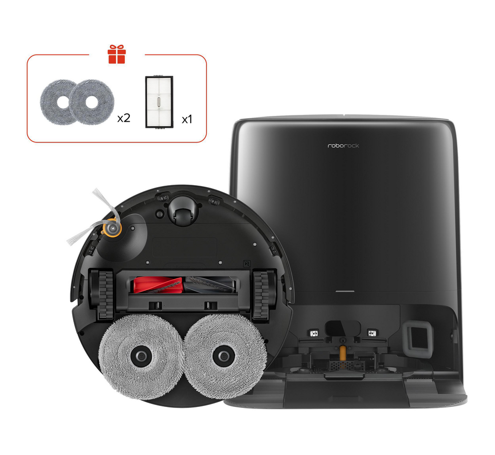 Schwarzer Roborock Saugroboter mit Basisstation, zwei Wischpads und Filter im Inset-Bild.