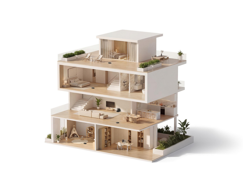 Ein dreistöckiges modernes Puppenhaus mit detaillierten Möbeln und Zimmern auf weißem Hintergrund.