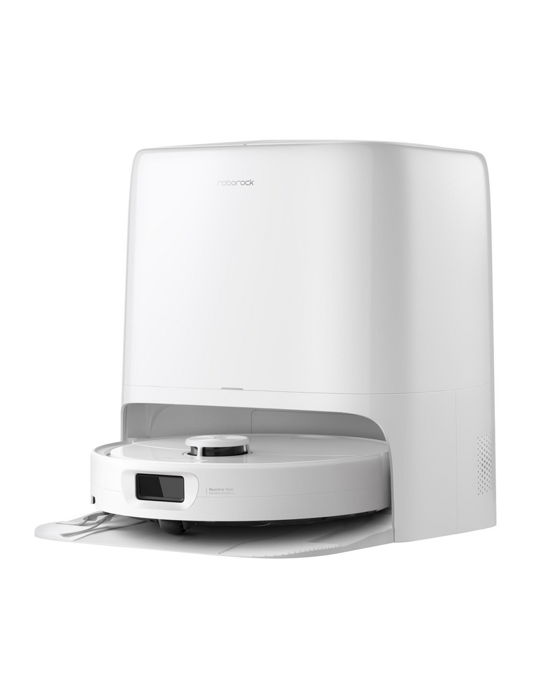 Une station d'accueil blanche Roborock avec un robot aspirateur blanc.