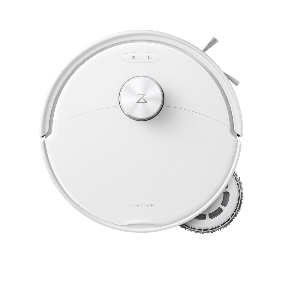 Vue de dessus d'un aspirateur Roborock blanc rond avec une tourelle laser argentée.