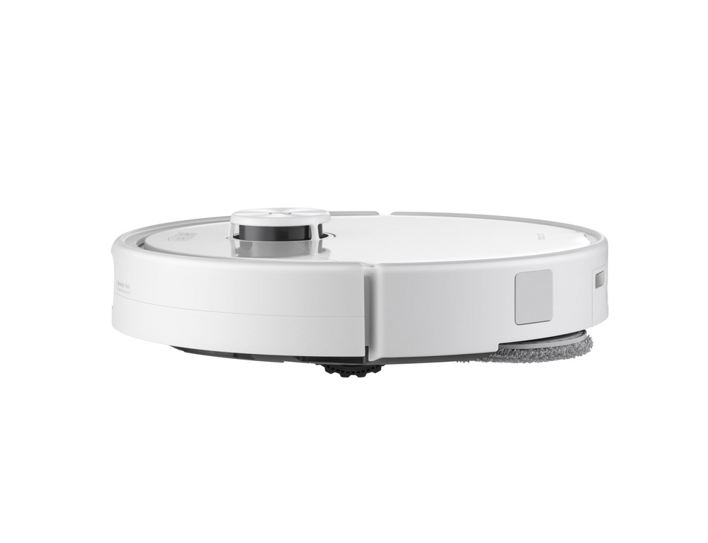 Un robot aspirateur blanc avec capteur LiDAR et serpillière sur fond blanc.