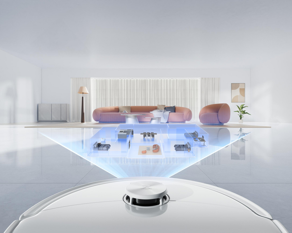 Un robot aspirateur projette un plan 3D bleu d'un salon moderne.