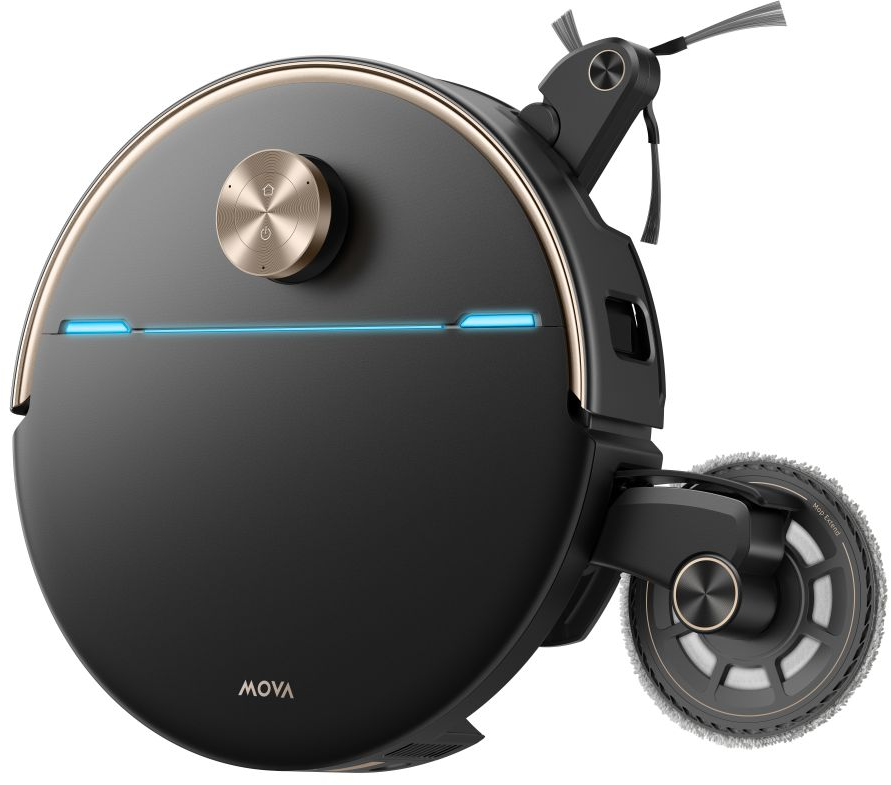 Robot aspirapolvere Mova nero con dettagli in oro rosa, luci LED blu e mocio esteso.
