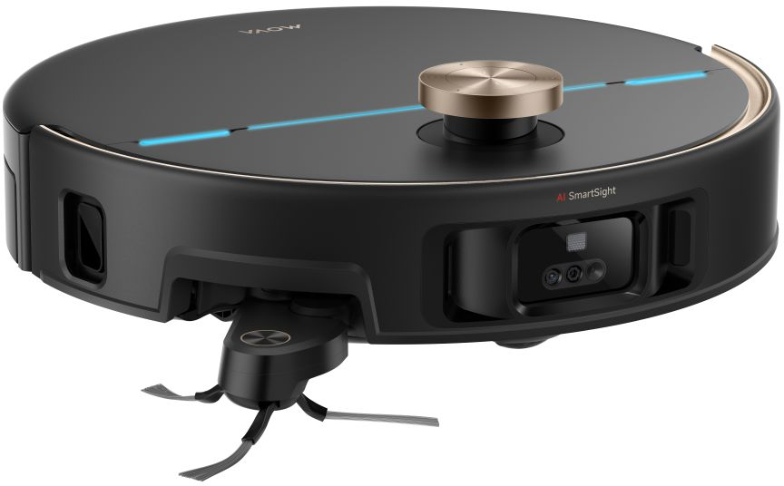 Un robot aspirapolvere nero con una spazzola laterale e sensori.
