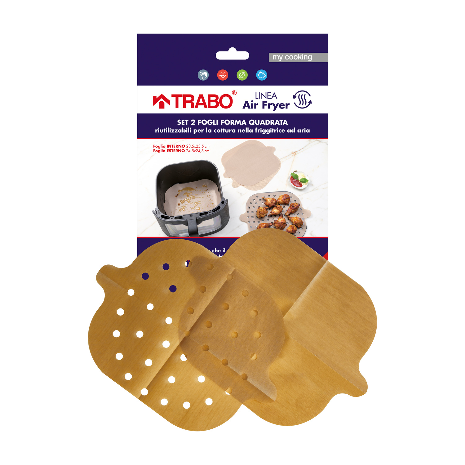 Confezione per fogli quadrati riutilizzabili per friggitrice ad aria Trabou, con due fogli forati marroni.