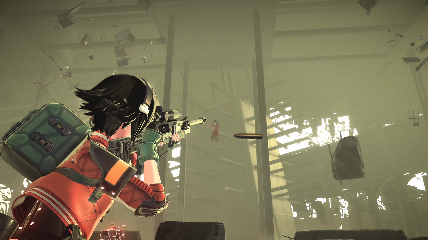 Una chica de anime apunta con un rifle de francotirador dentro de un edificio en ruinas.