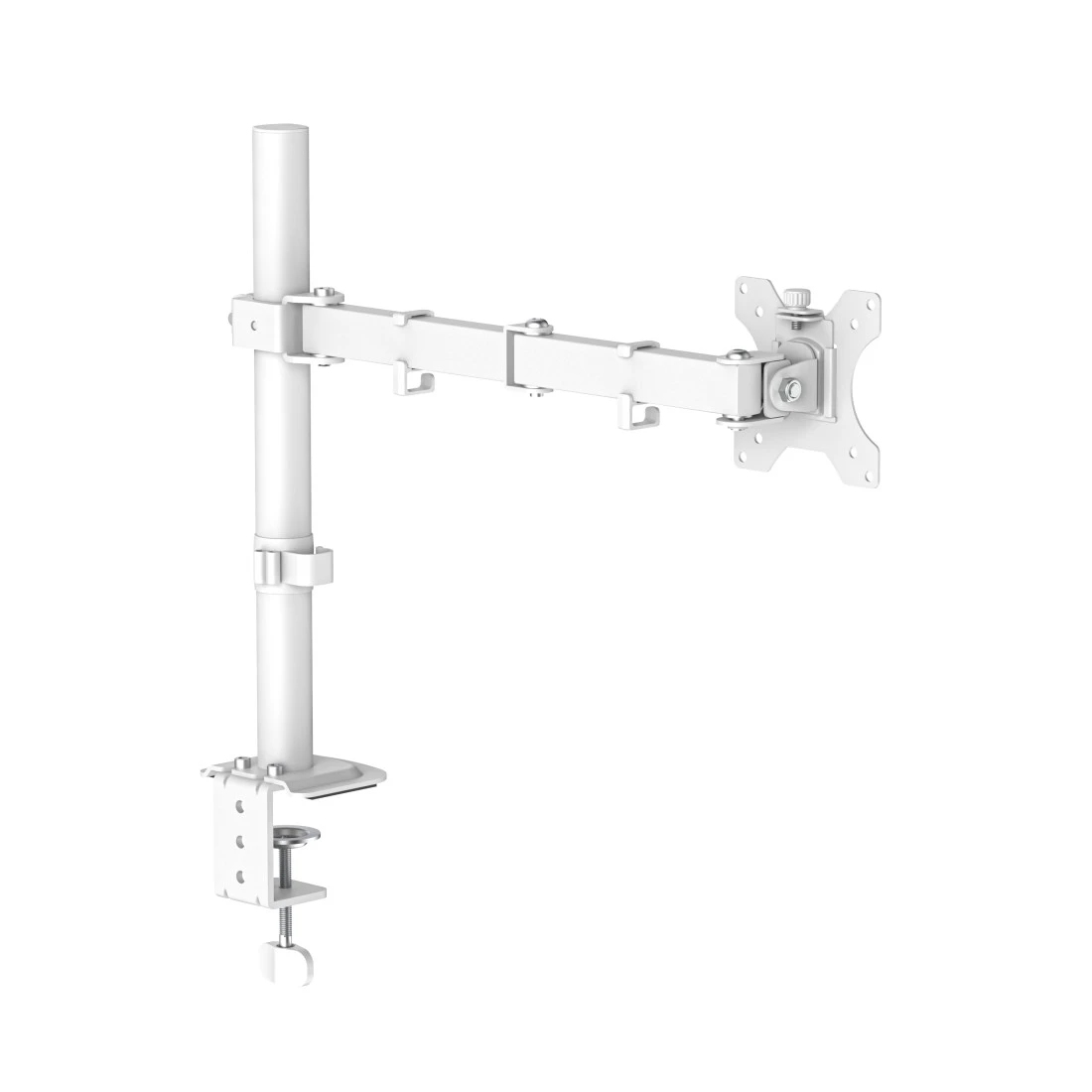 Un soporte de escritorio blanco y ajustable para monitor con una abrazadera sobre fondo claro.