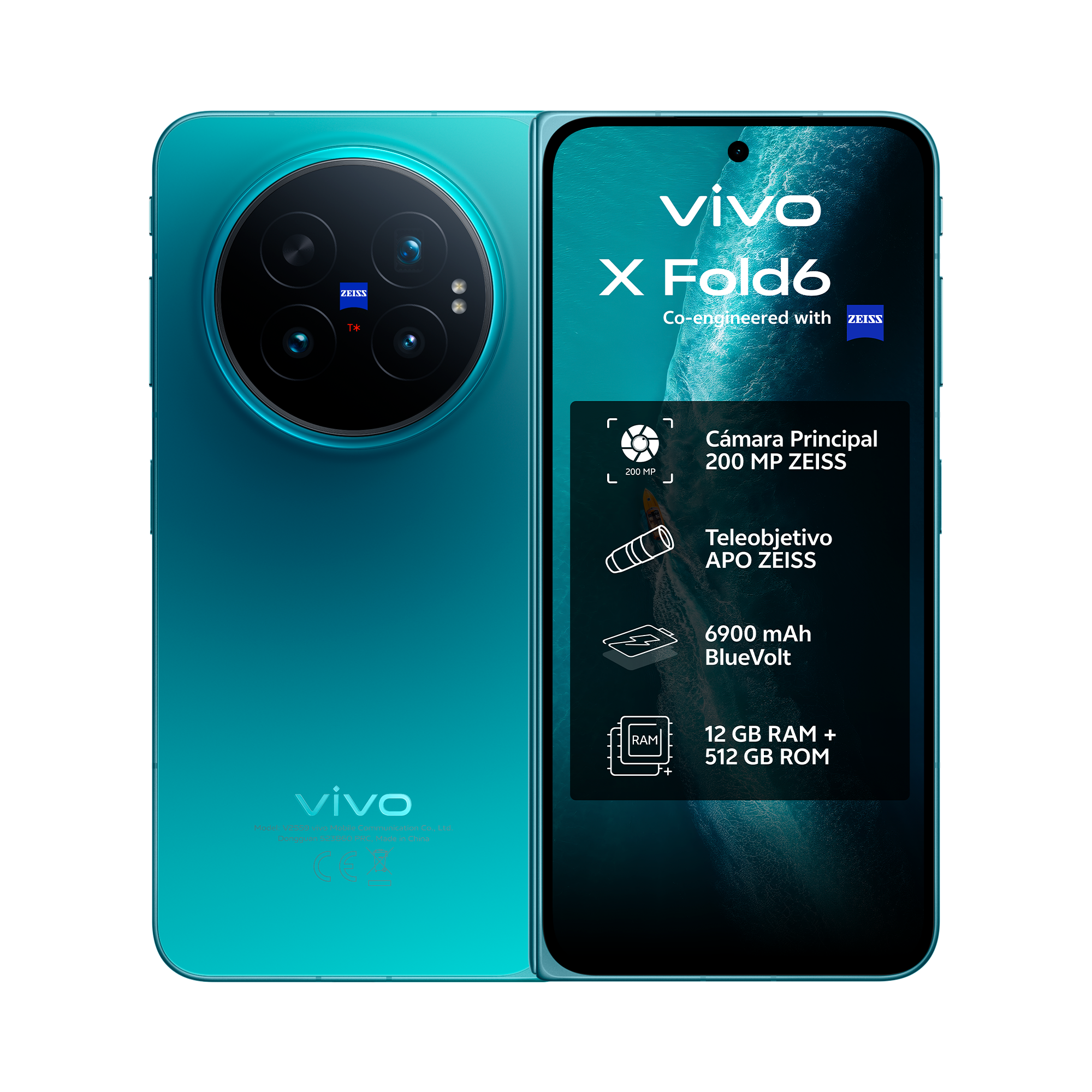 Smartphone Vivo X Fold6 verde azulado con módulo de cámara circular en la parte posterior y pantalla frontal.