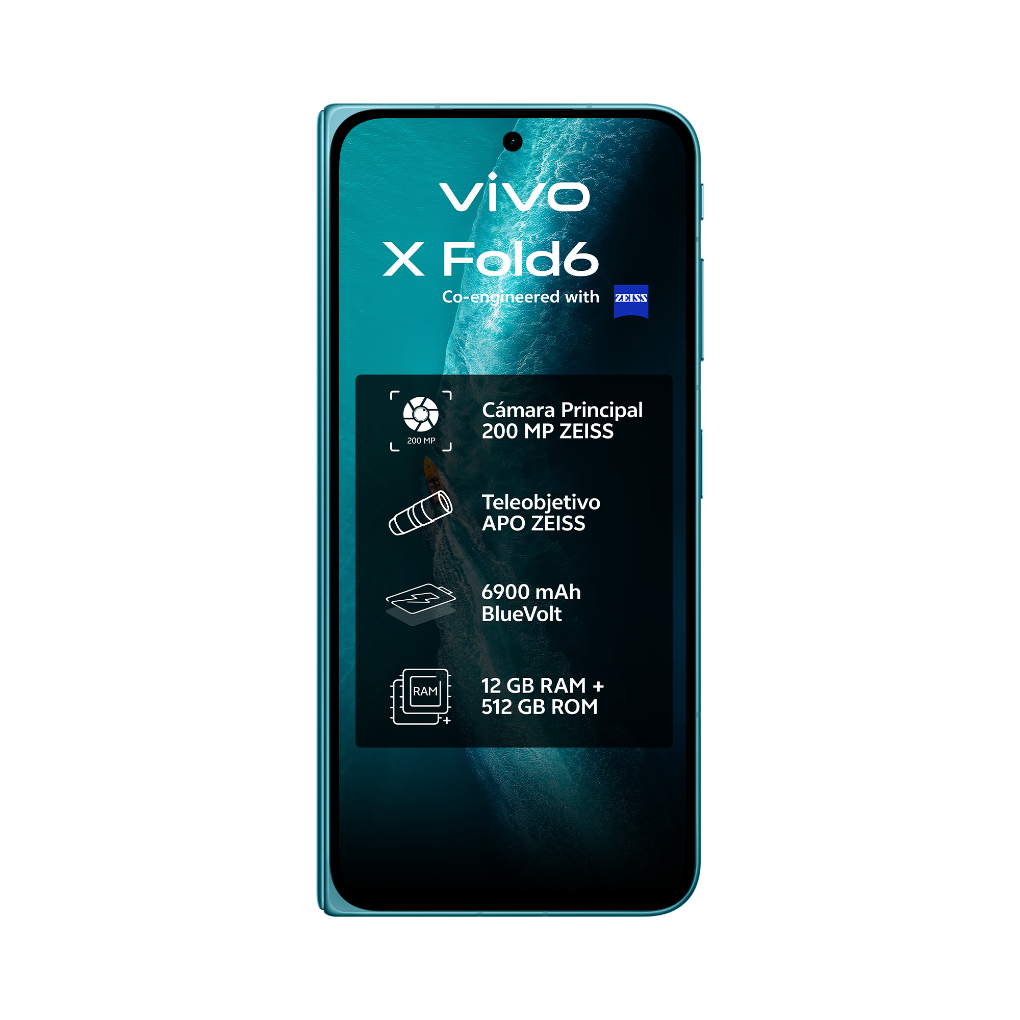 Imagen promocional del smartphone Vivo X Fold6 con especificaciones sobre un fondo de onda azul.