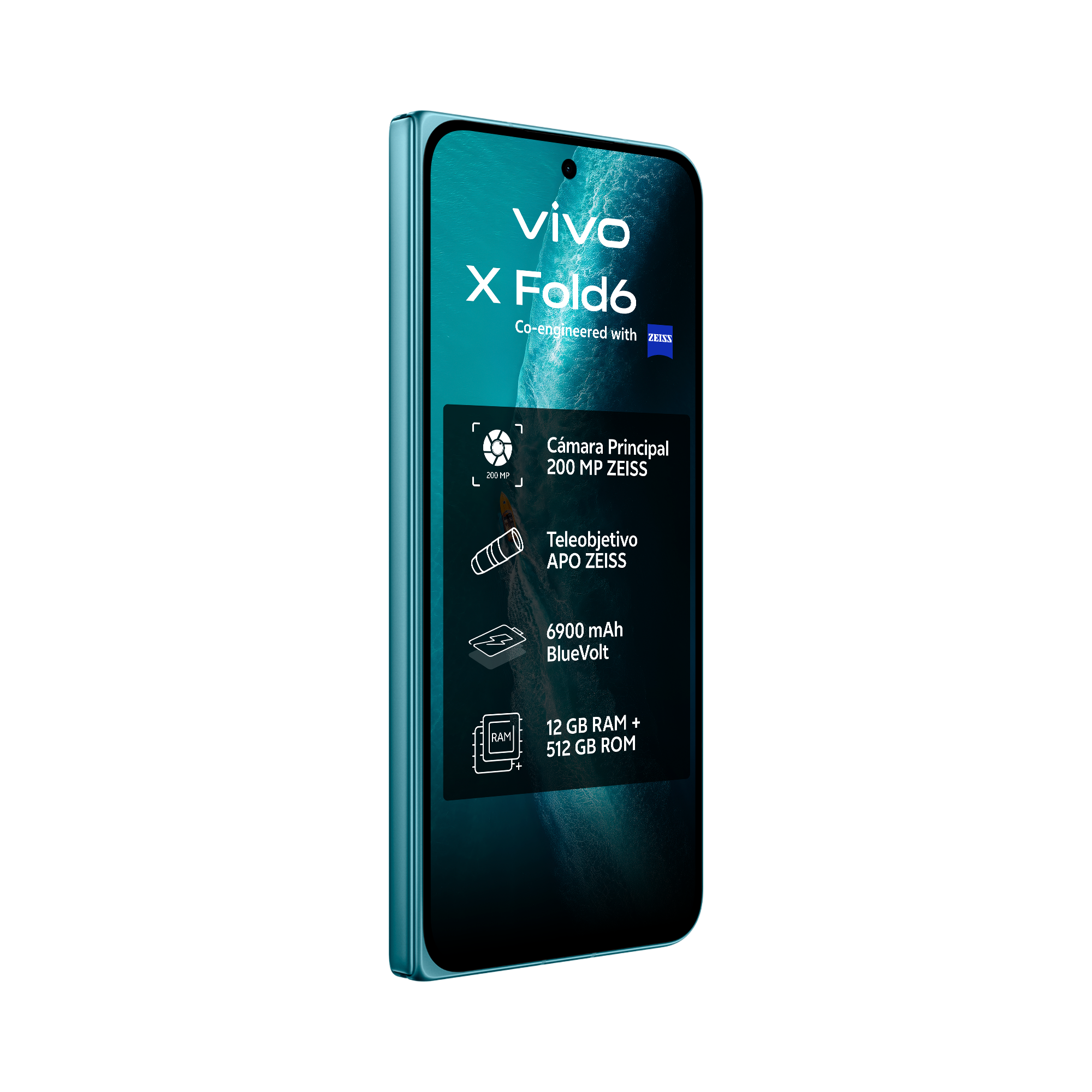 Gráfico del smartphone azul Vivo X Fold6 que muestra especificaciones técnicas sobre fondo negro.