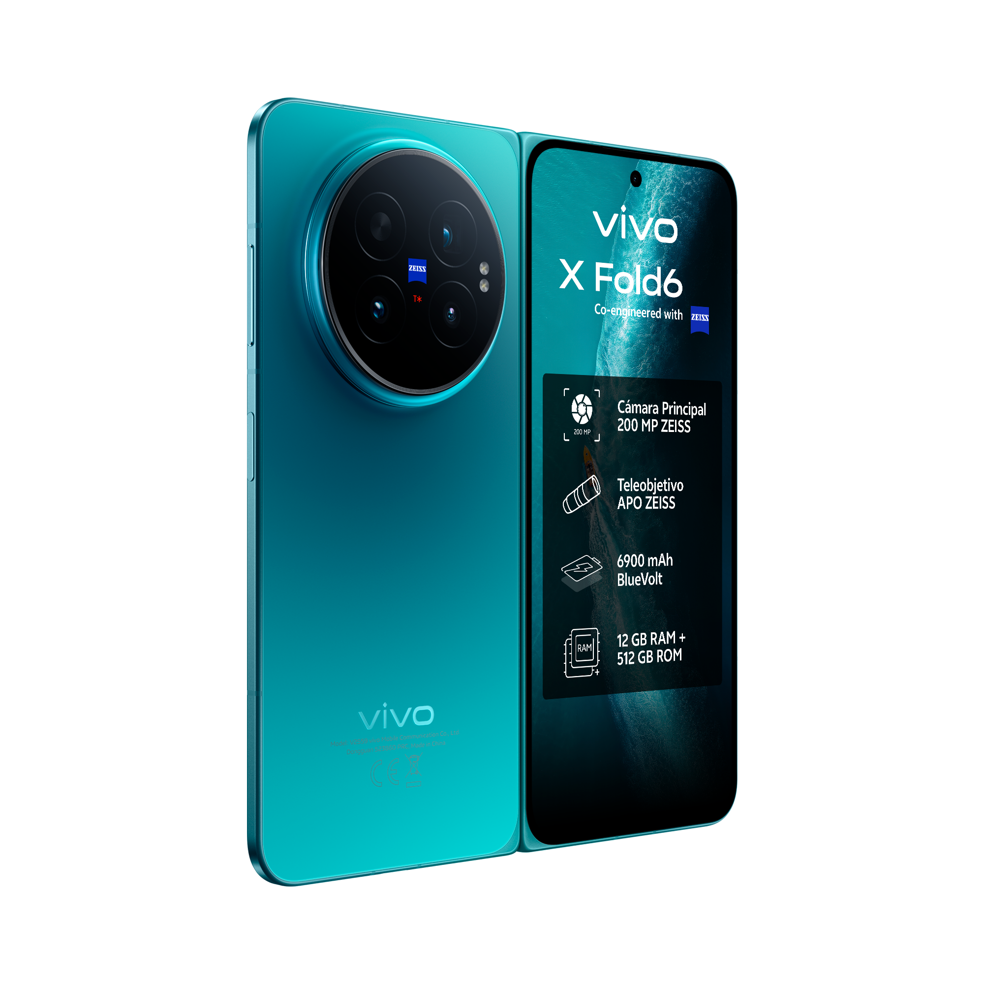 Un smartphone turquesa Vivo X Fold6 muestra especificaciones en pantalla y una gran cámara circular.