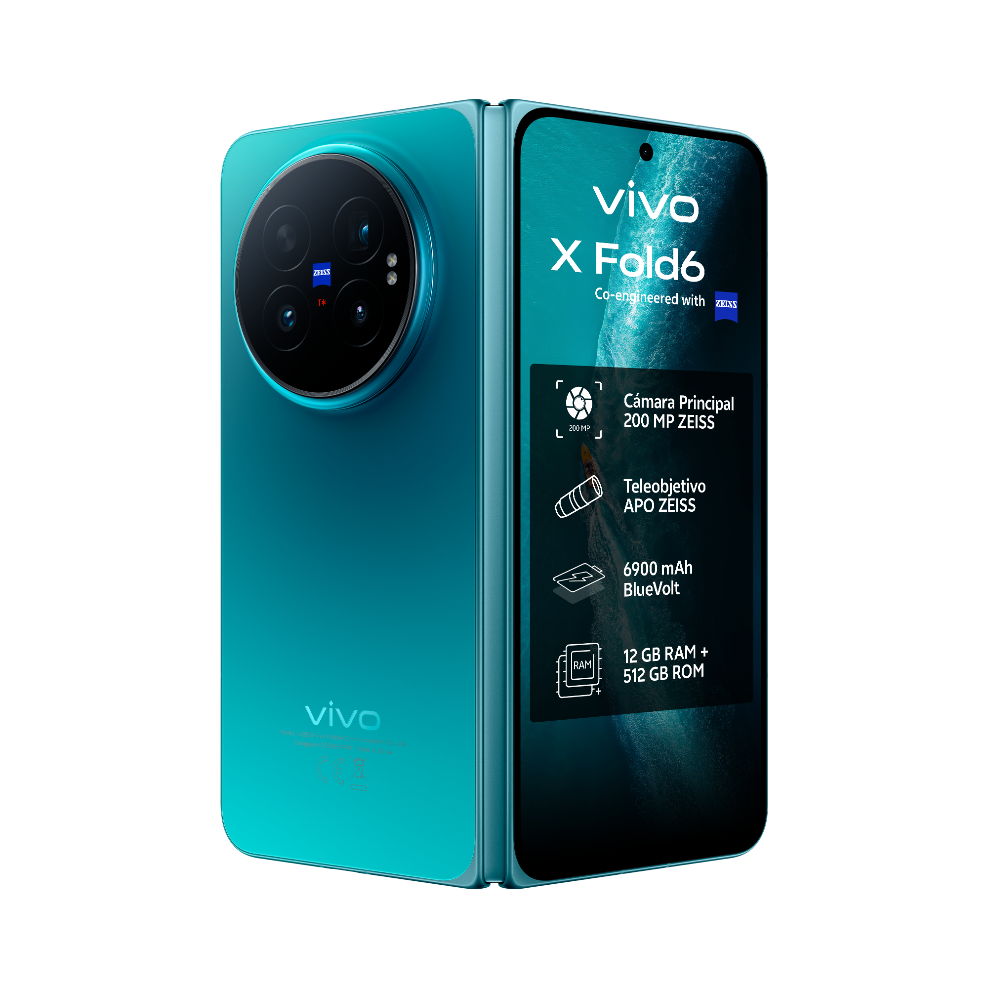 Smartphone vivo X Fold6 azul turquesa, mostrando sus especificaciones técnicas en pantalla.