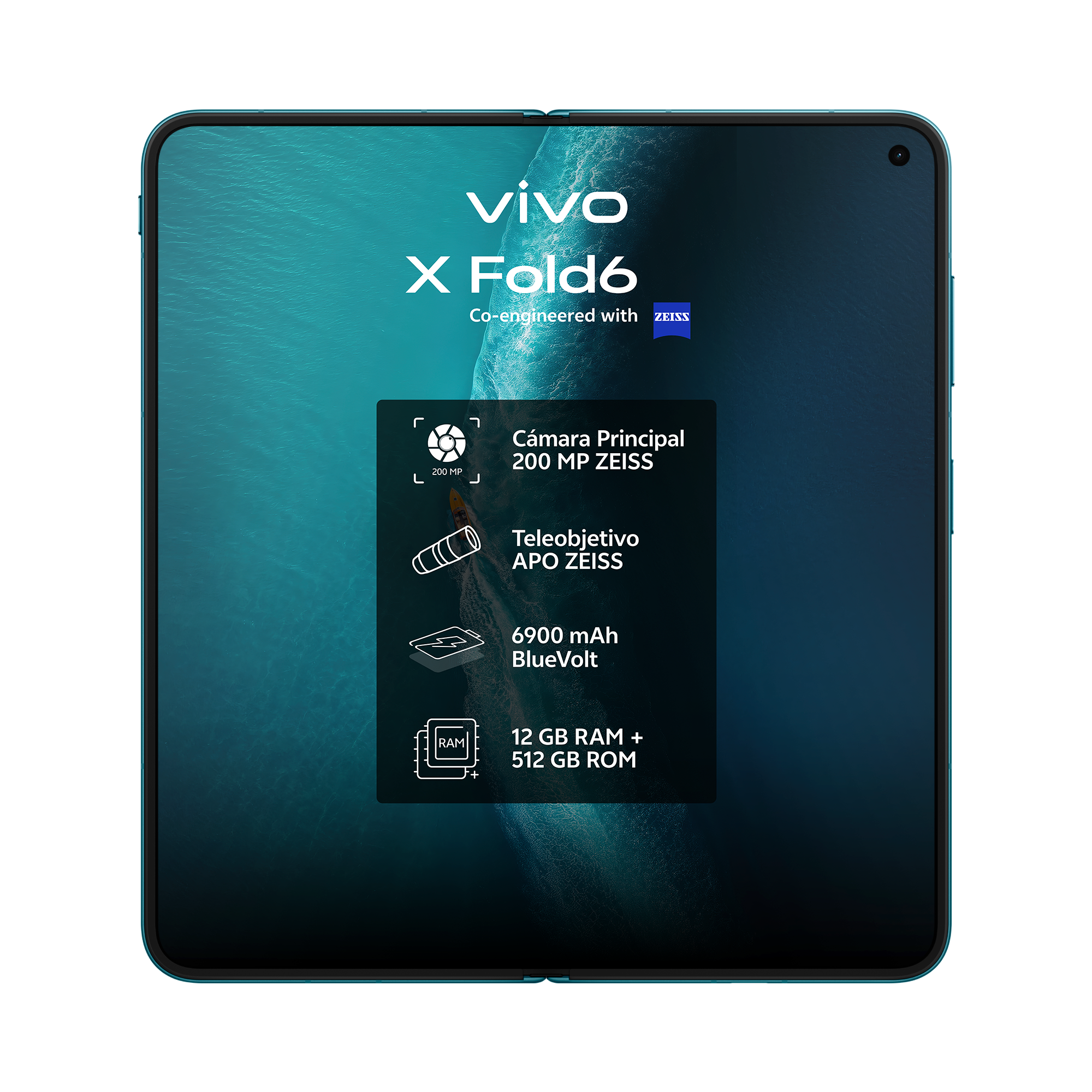 Pantalla del Vivo X Fold6 con especificaciones sobre fondo de olas azules.