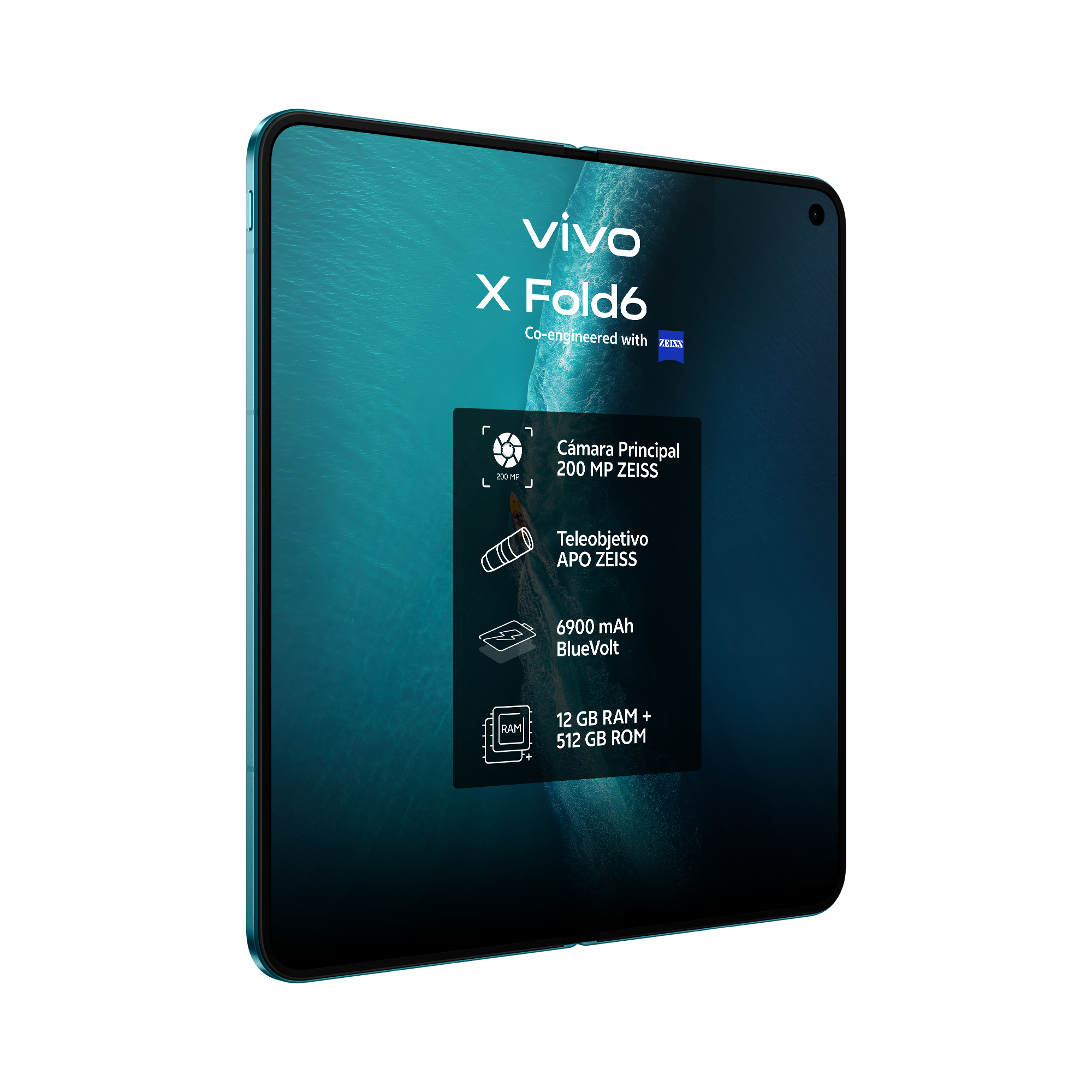 Teléfono Vivo X Fold6 con especificaciones como cámara de 200 MP, lente Zeiss y batería de 6900 mAh.