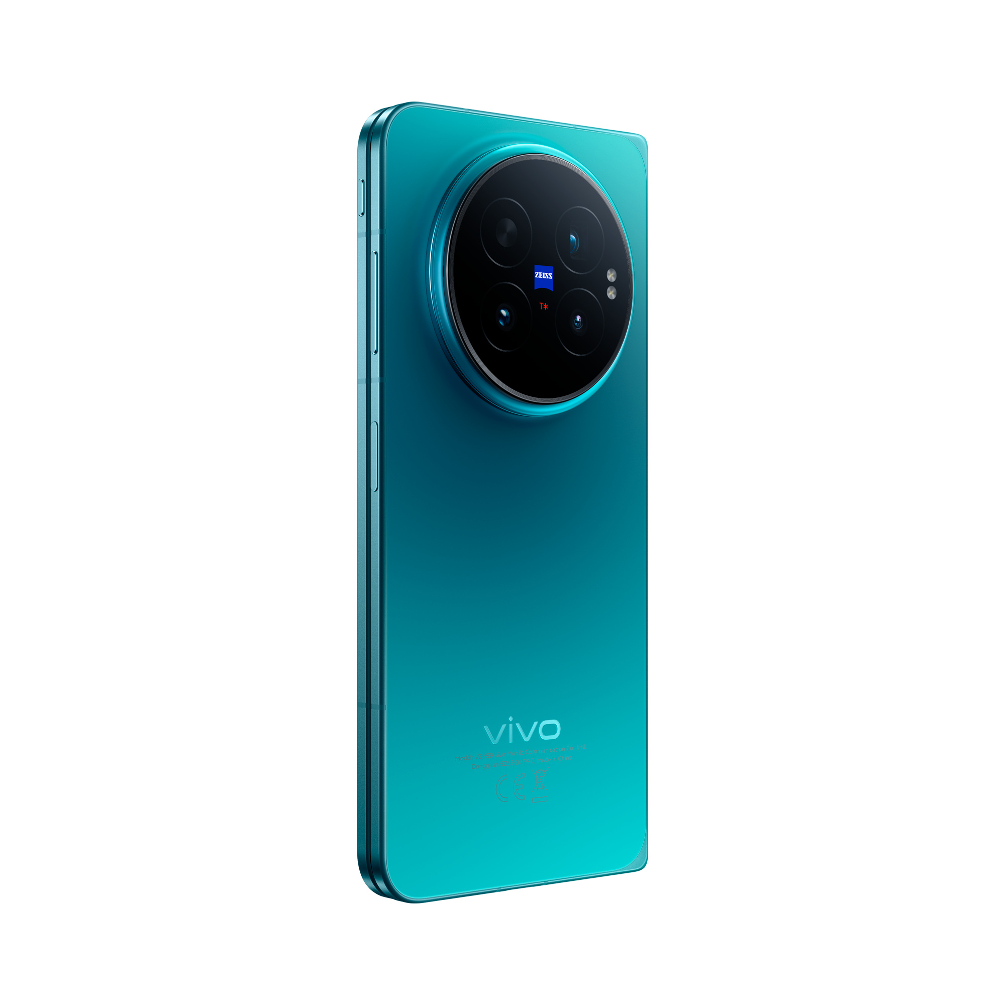 Smartphone turquesa con gran módulo de cámara redondo y logotipo de Zeiss sobre fondo negro.