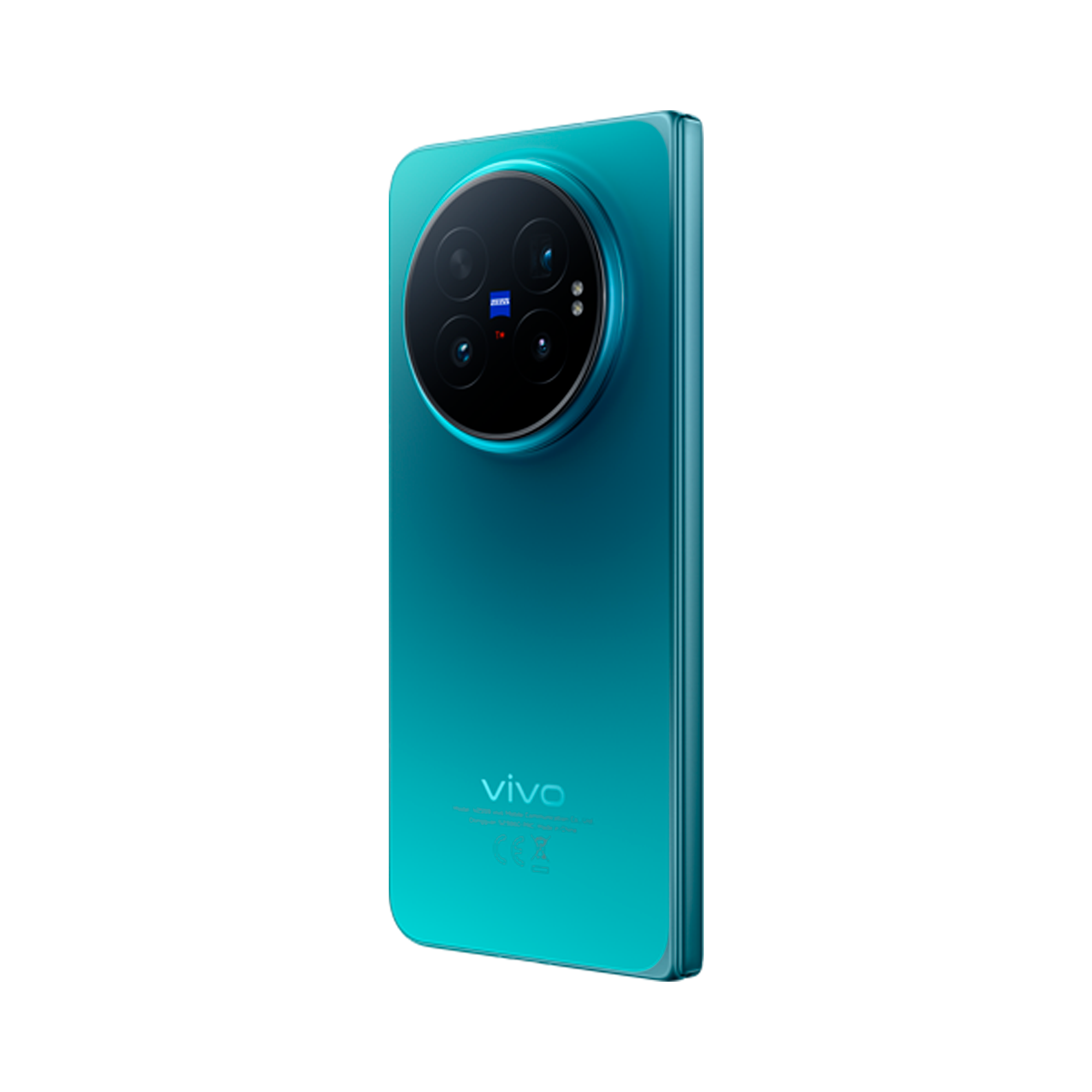 Smartphone Vivo azul turquesa visto desde atrás con un módulo de cámara redondo.