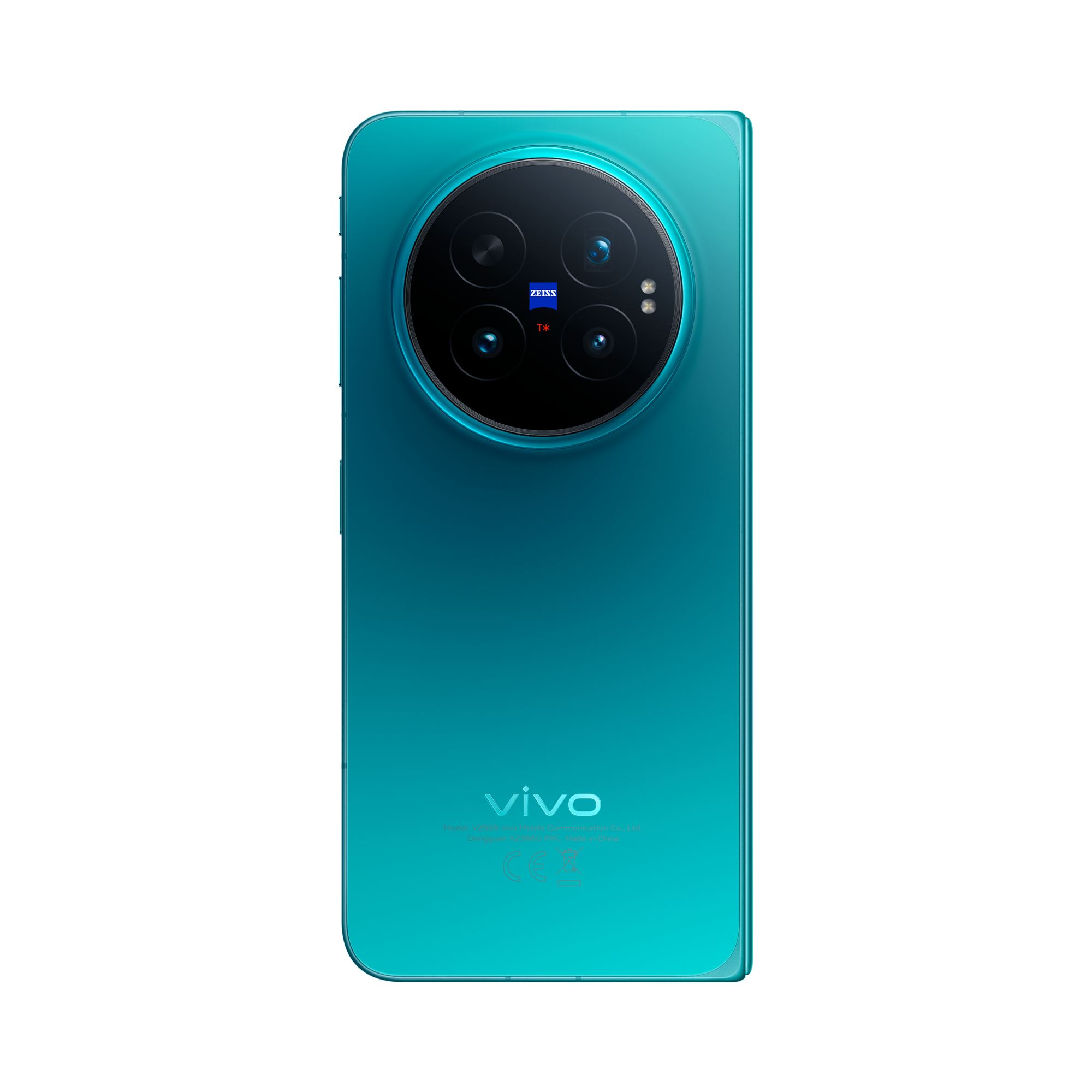 Parte trasera de un smartphone Vivo turquesa con un gran módulo de cámara circular.