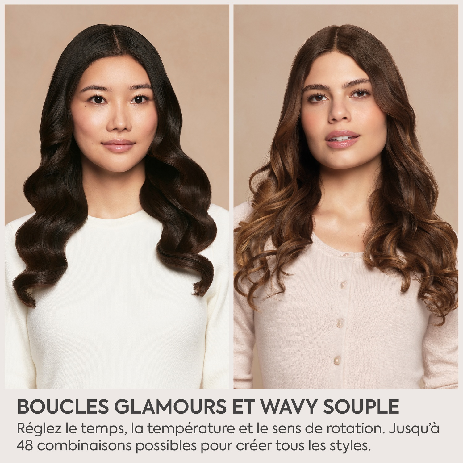 Deux femmes aux cheveux longs et ondulés posant sur un fond neutre.