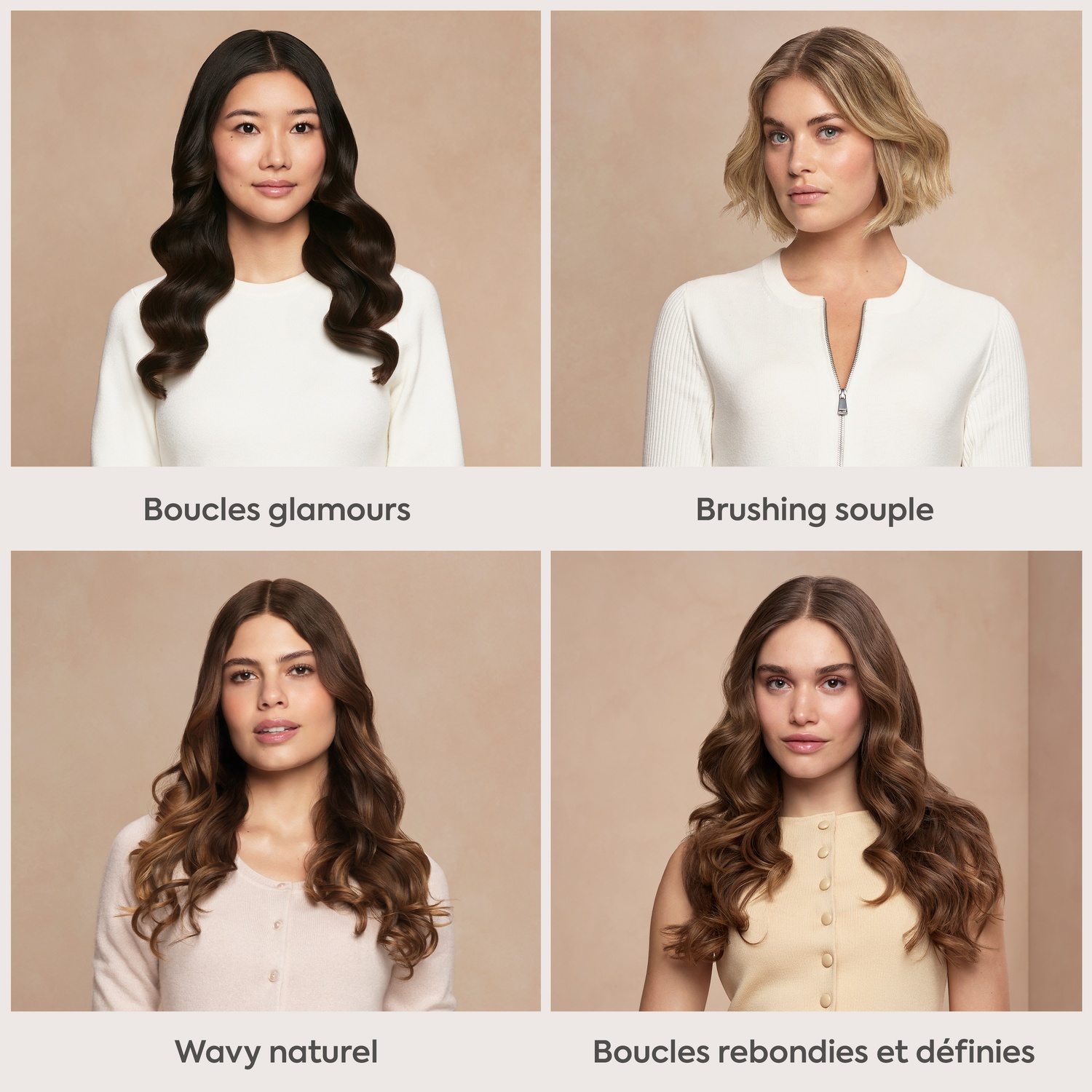 Quatre femmes avec différentes coiffures et couleurs de cheveux sur fond beige.