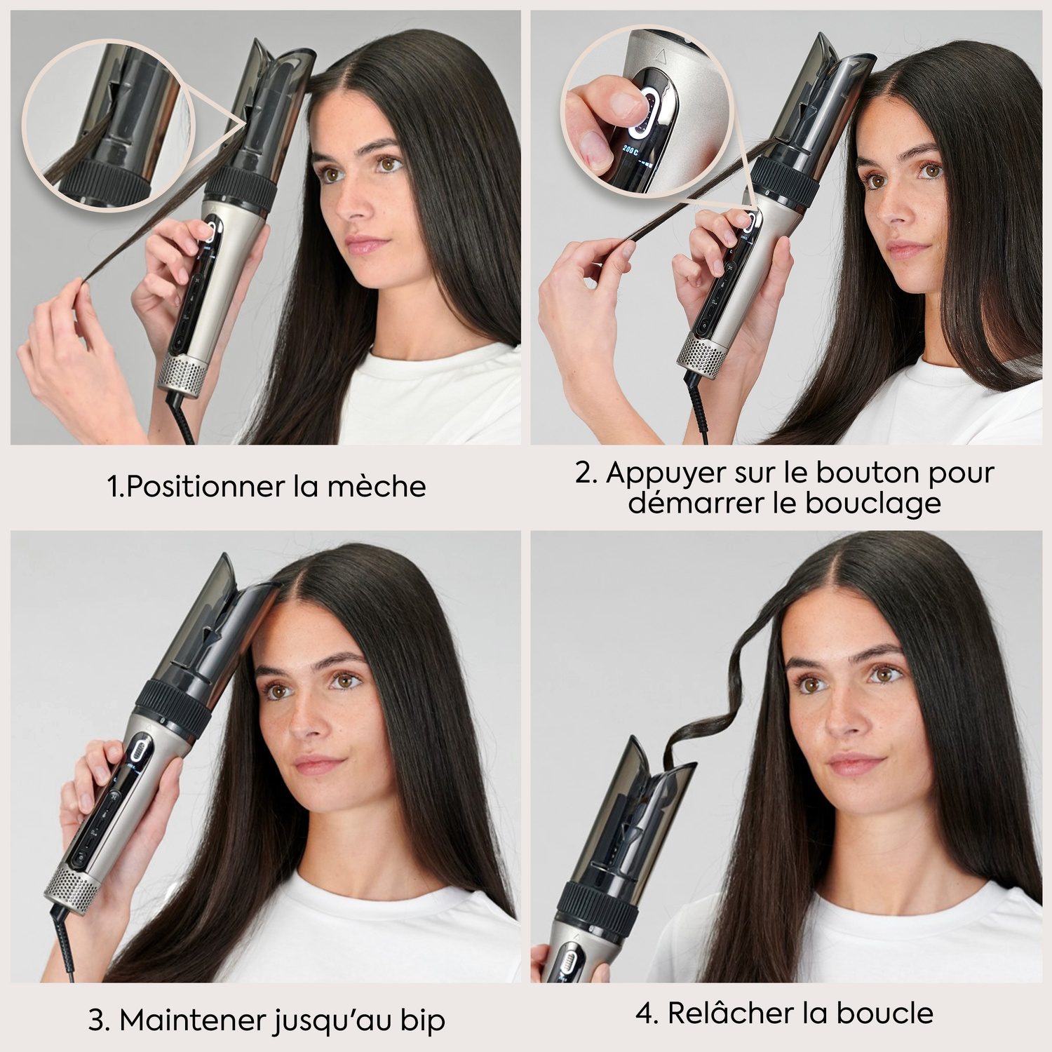 Guide en quatre étapes sur l'utilisation d'un fer à boucler automatique sur des cheveux longs et sombres.