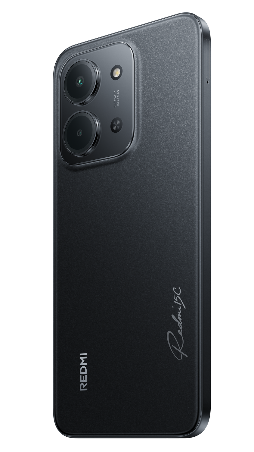Vista trasera de un smartphone oscuro Redmi con dos lentes de cámara y logotipo sobre fondo negro.