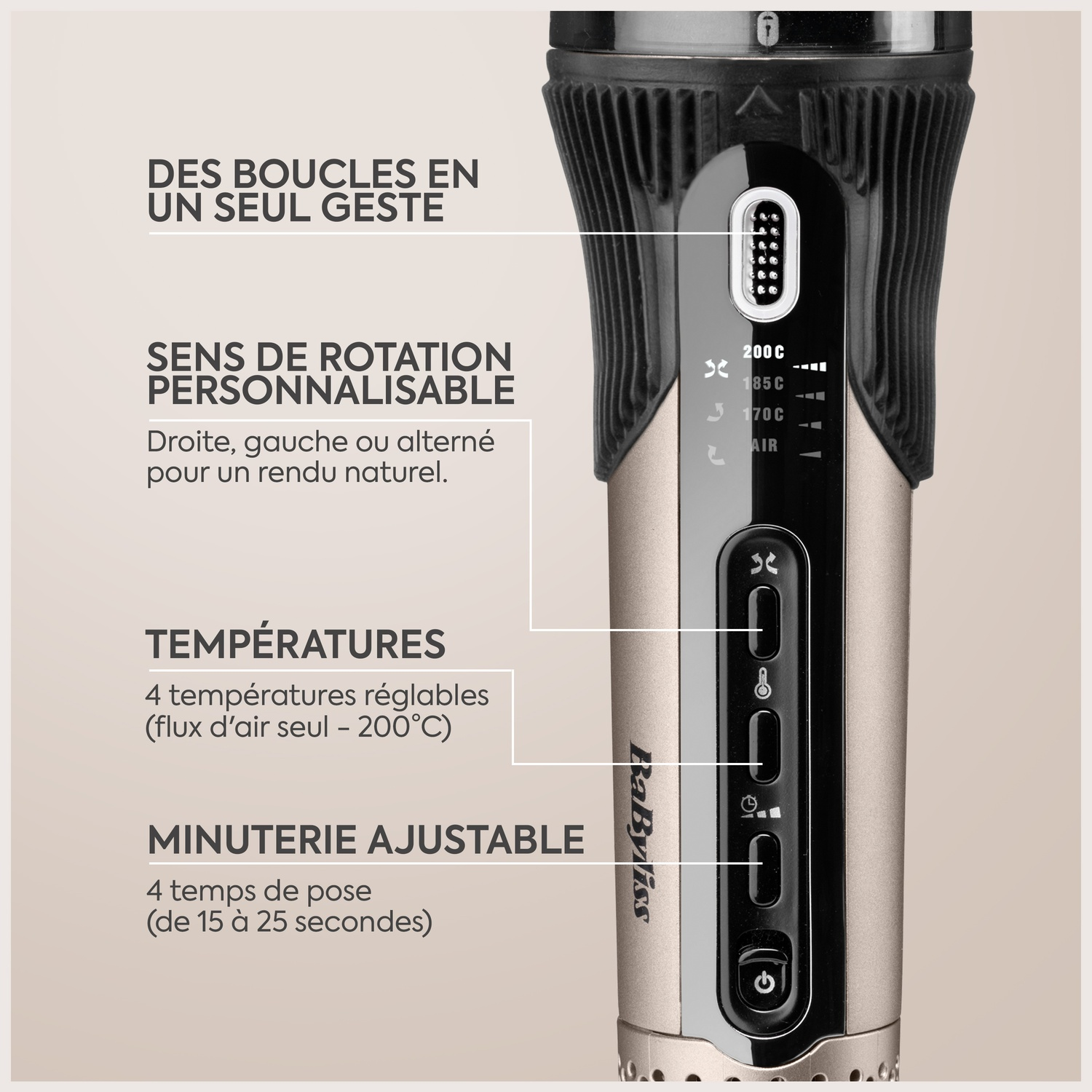 Un appareil coiffant BaByliss avec boutons et blocs de texte expliquant les fonctions de rotation, température et minuterie.