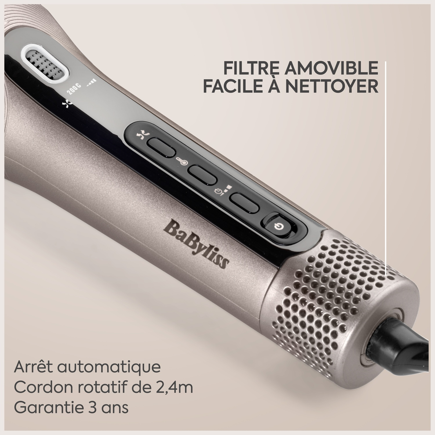 Sèche-cheveux BaByliss doré avec boutons de commande, écran et filtre amovible.