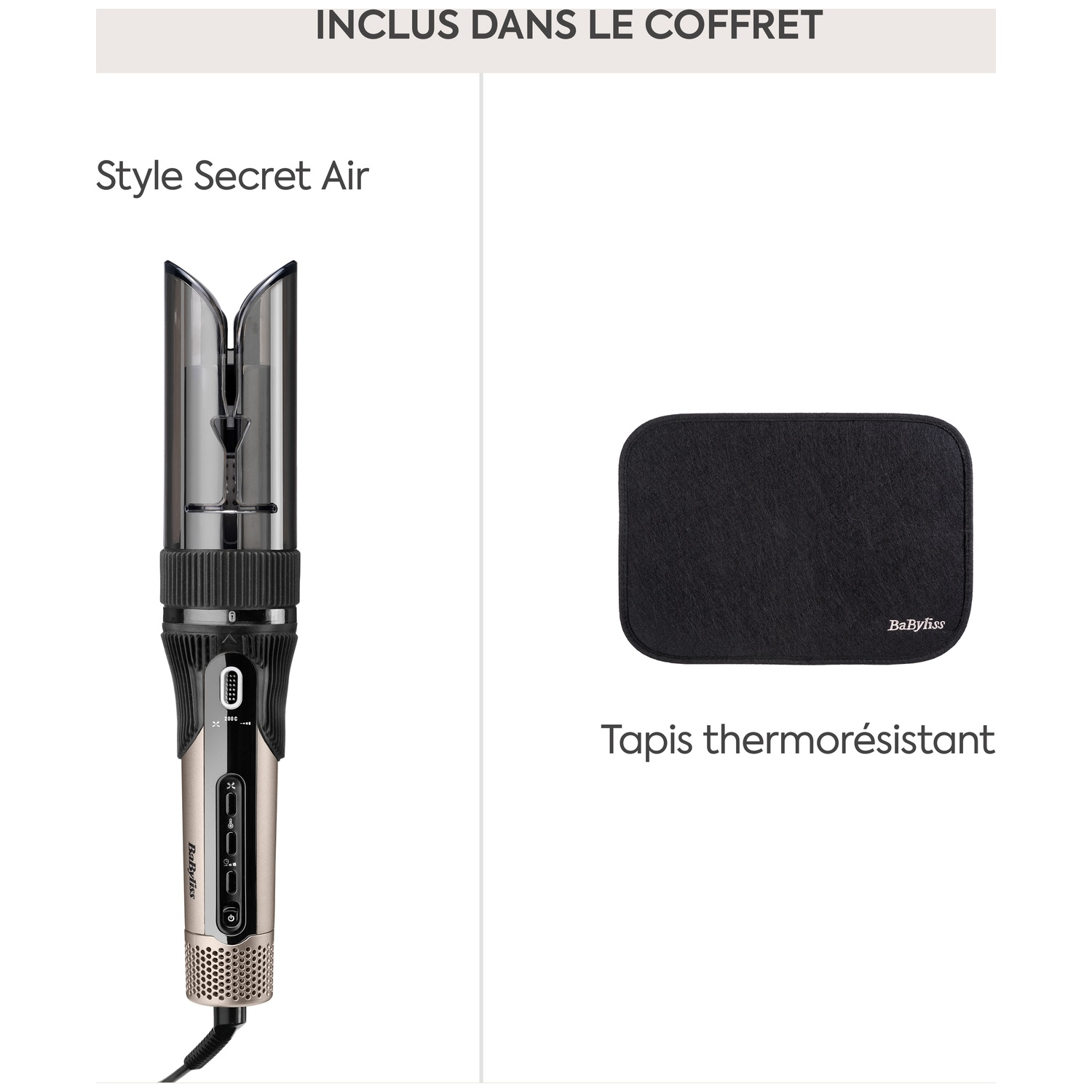 Boucleur BaByliss Style Secret Air et tapis thermorésistant sur fond blanc.