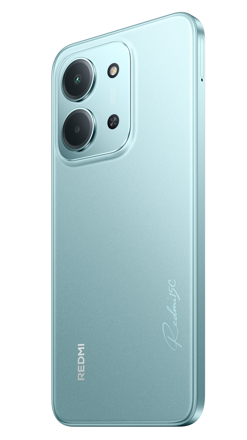 Smartphone Redmi azul claro, parte trasera con dos lentes de cámara y logotipo Redmi 15C sobre fondo negro.
