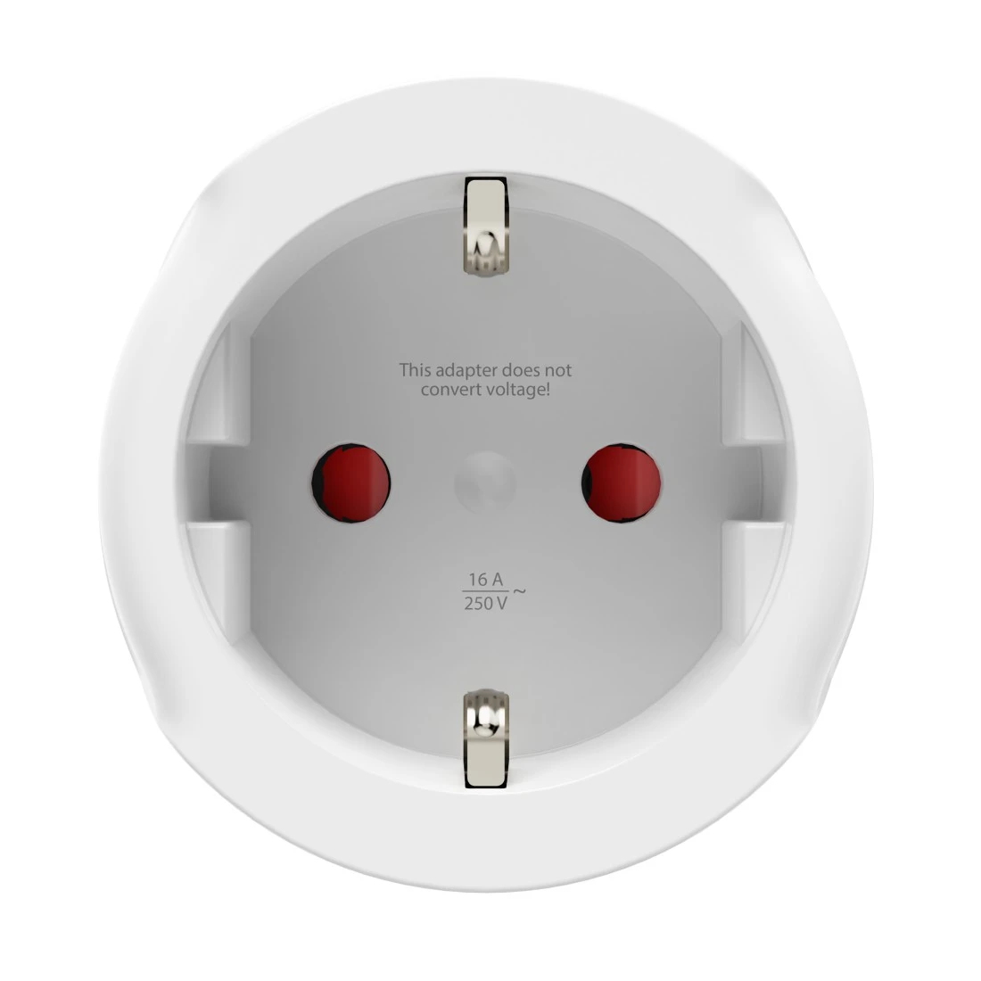 Un enchufe eléctrico blanco con dos agujeros rojos y texto sobre el voltaje.