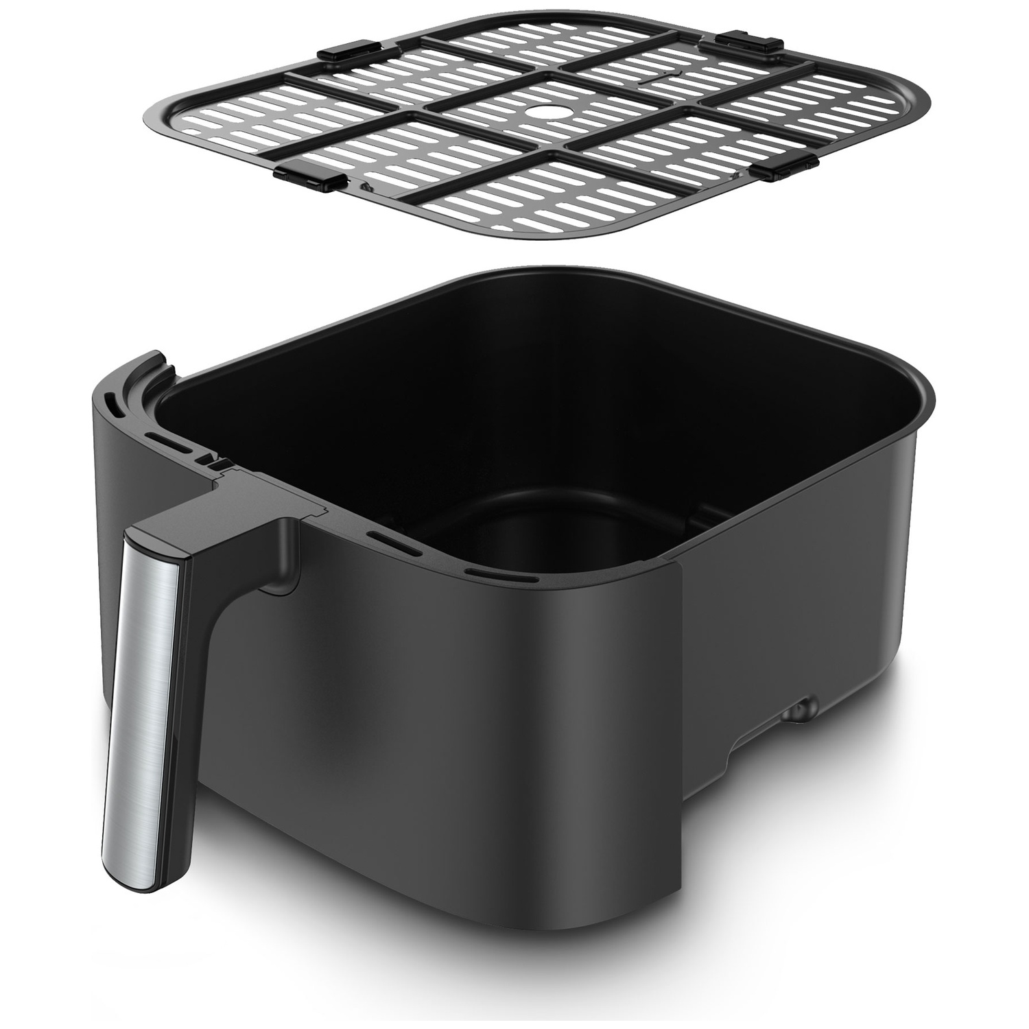 Zwarte airfryer mand met handvat en een losse grillplaat erboven.