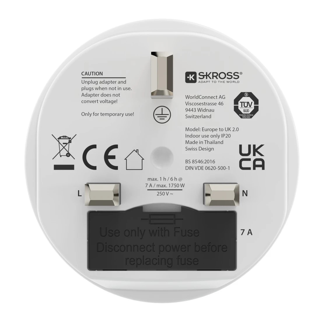 Adaptador de viaje redondo blanco SKROSS con clavijas y advertencias.