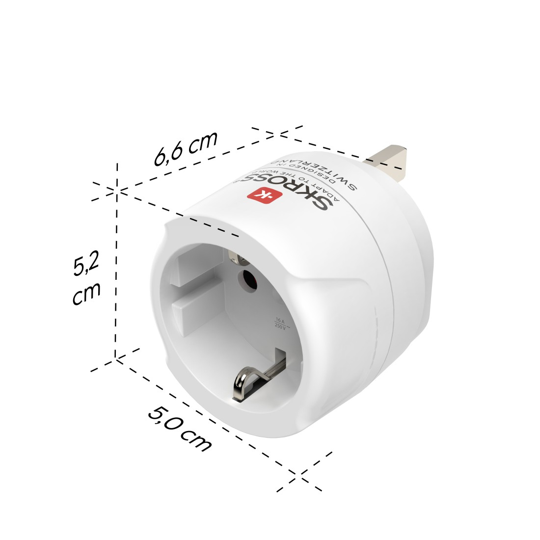 Adaptador de viaje Skross blanco con dimensiones de 6.6 cm de largo, 5.2 cm de alto y 5.0 cm de ancho sobre fondo blanco.