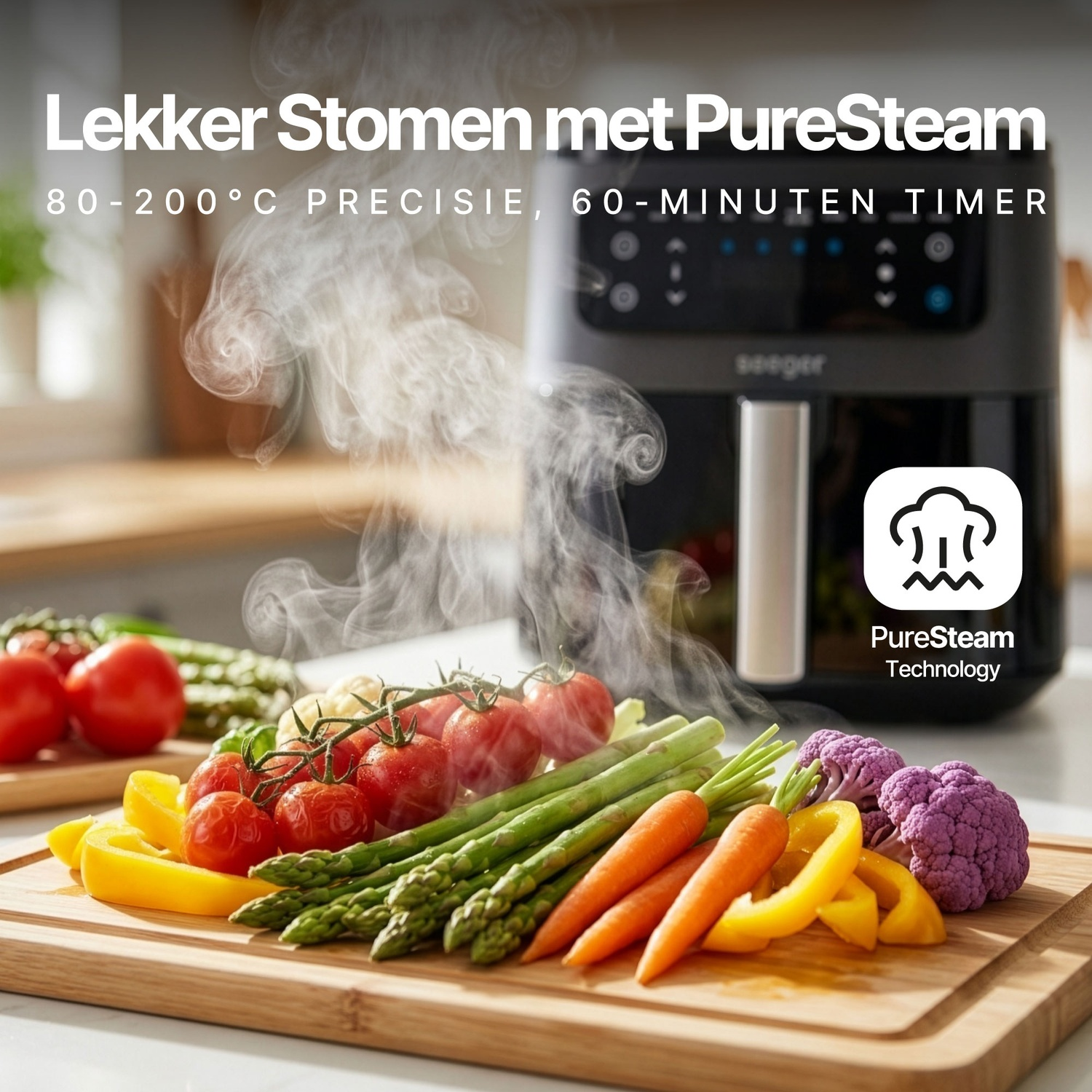 Verse groenten stomen op een snijplank voor een moderne heteluchtfriteuse.