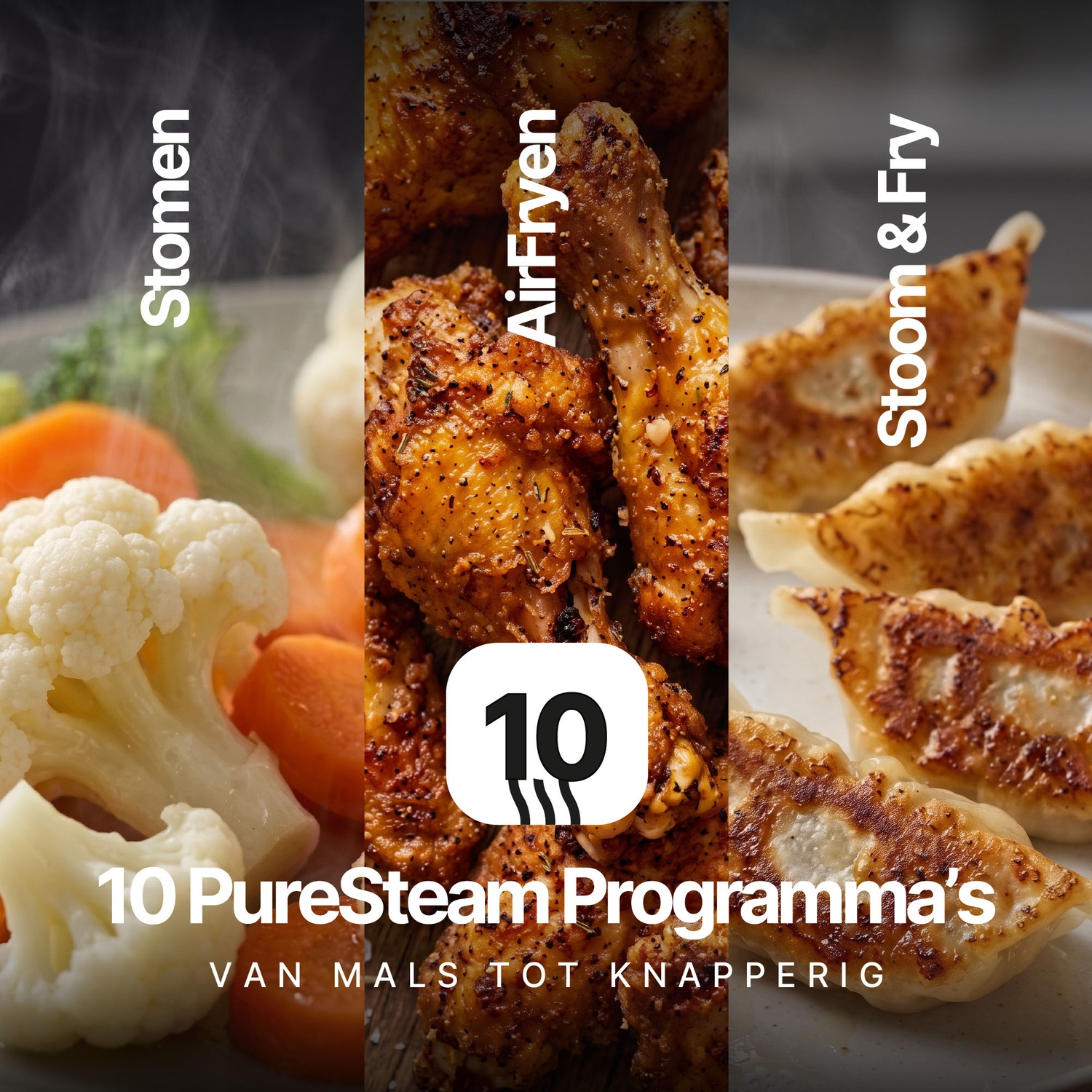 Drie panelen tonen gestoomde groenten, knapperige kippenpootjes en gebakken dumplings.
