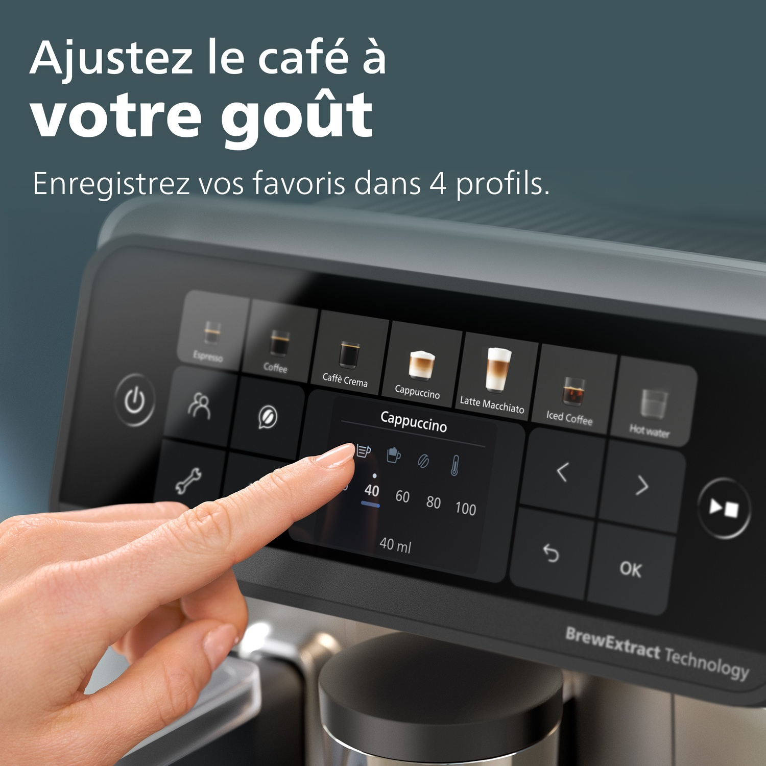 Un doigt touche l'écran tactile d'une machine à café pour sélectionner un cappuccino.