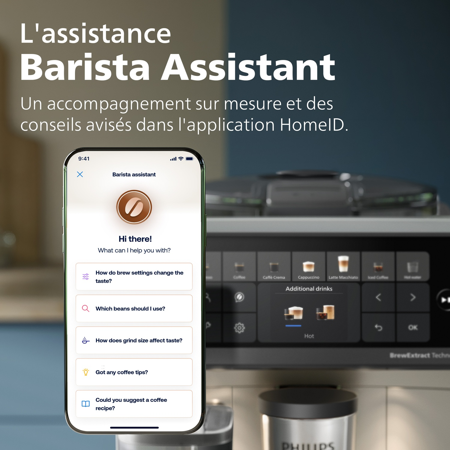 Smartphone affichant l'application Barista Assistant devant une machine à café.